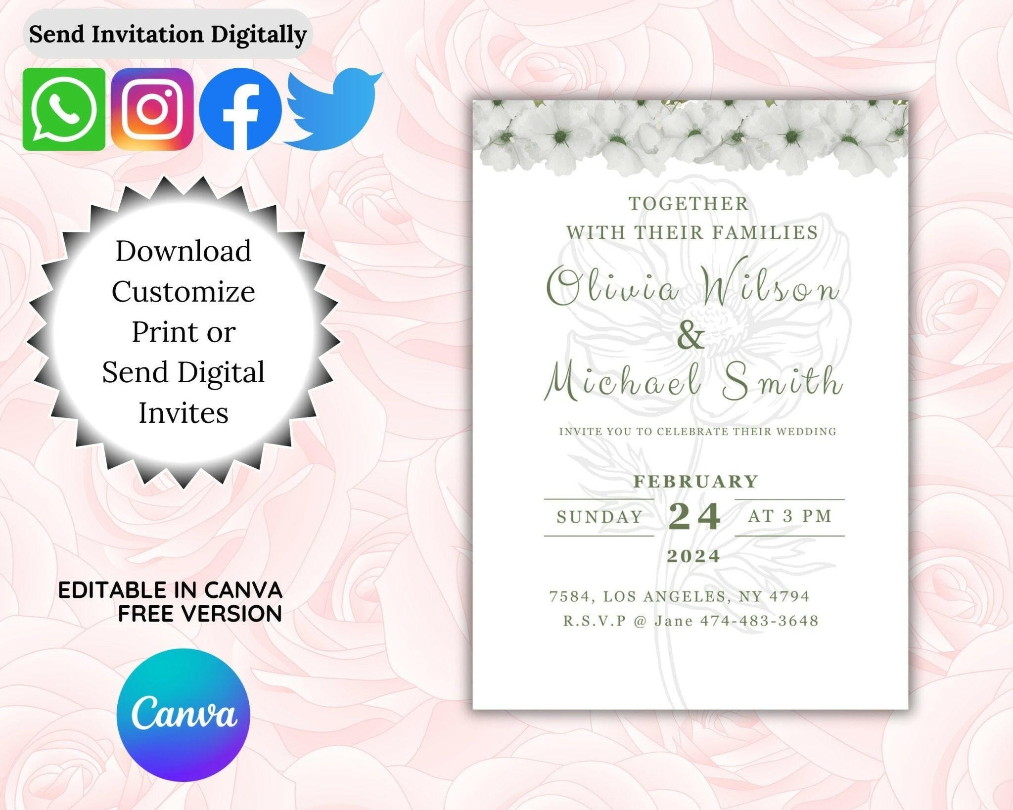 Editable Canva template for white flower wedding invite