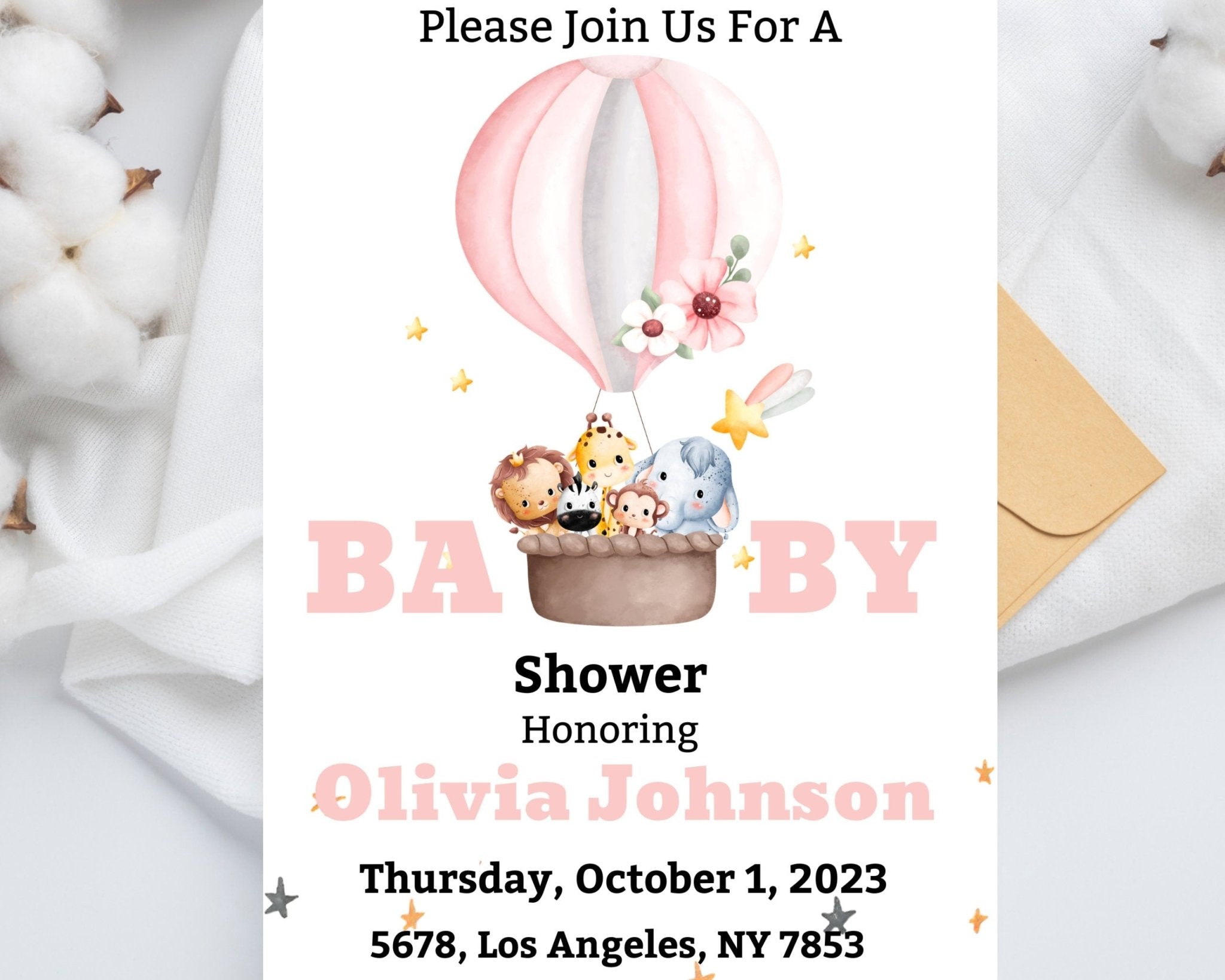 Flat lay printable invitation for baby girl event