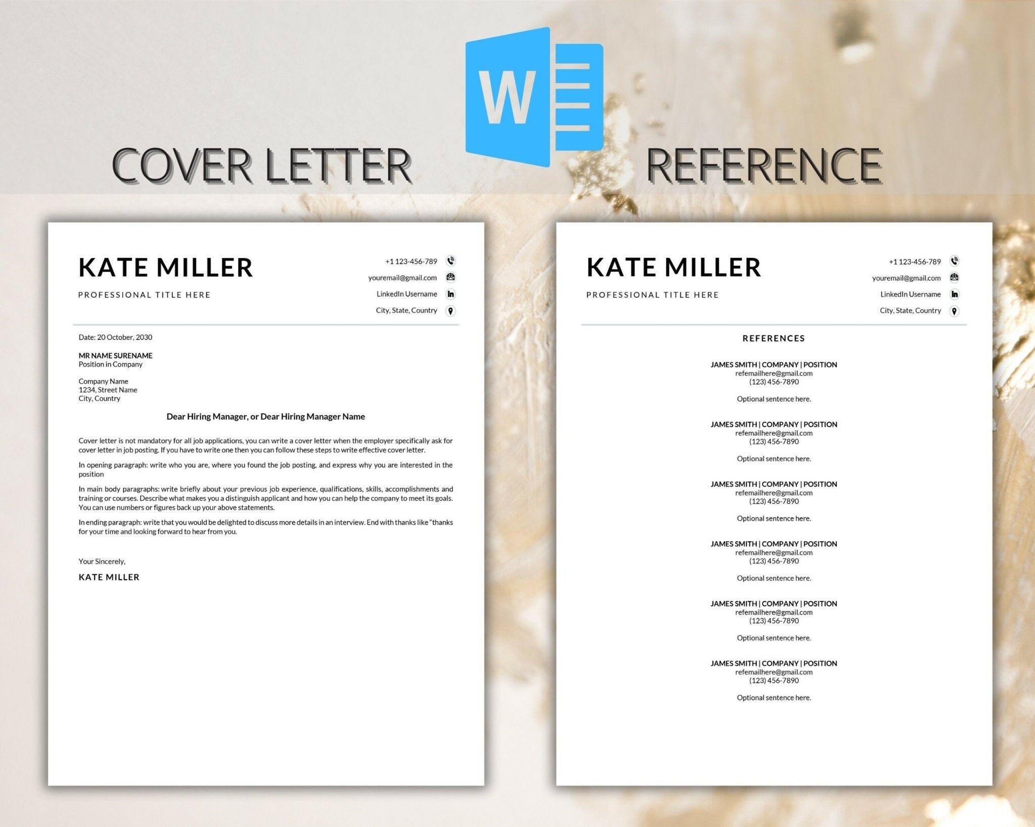 ATS Resume document templates for a cover letter and reference templates