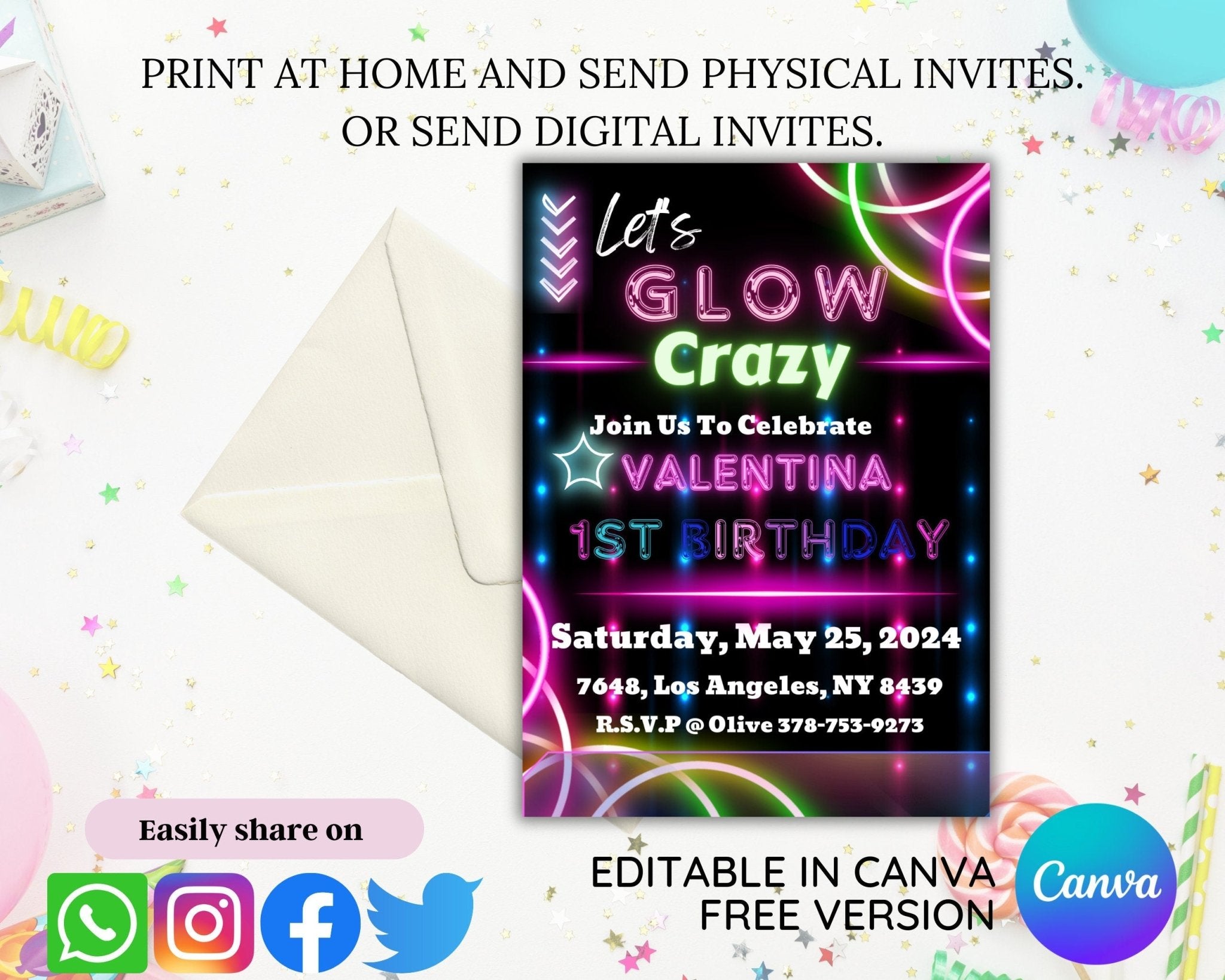 Bright and fun customizable neon party invite template