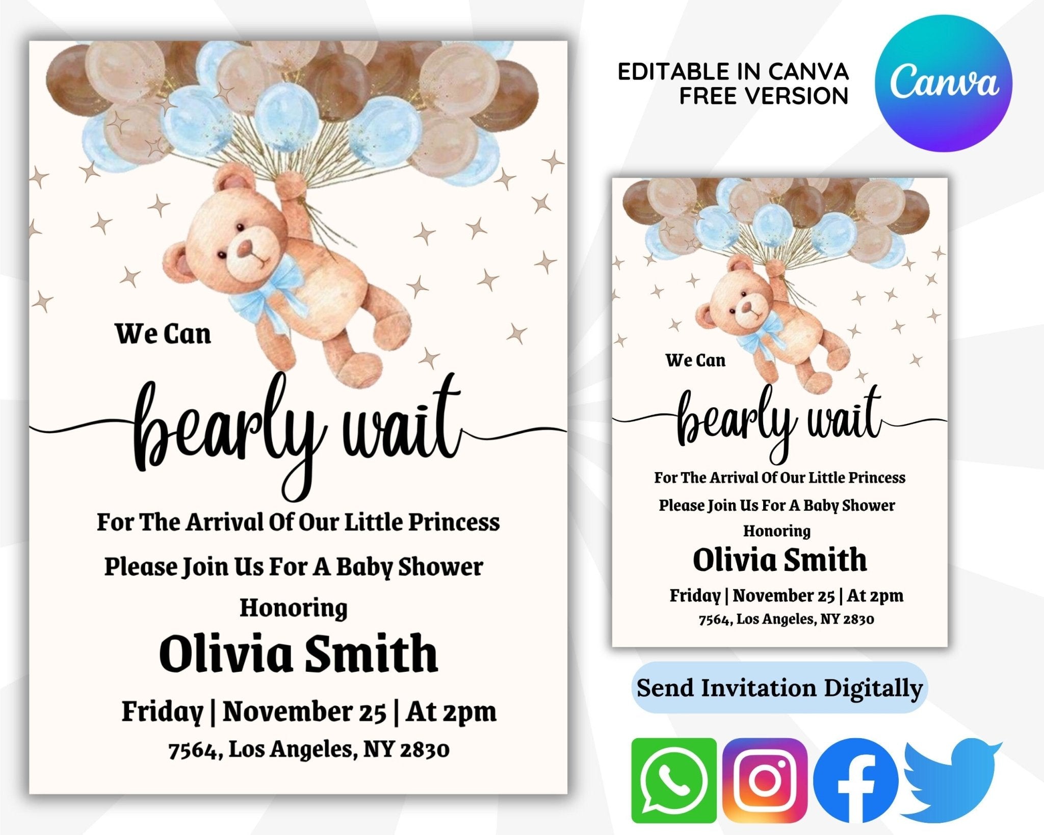 Editable digital baby shower invites with brown teddy bear