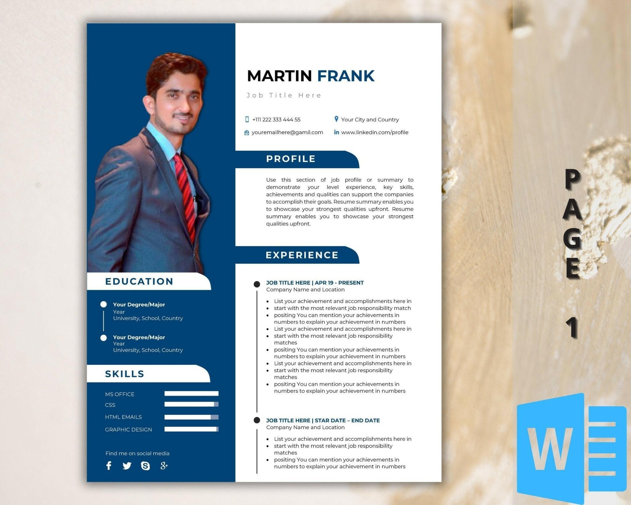 Editable 1-page CV layout with professional design.