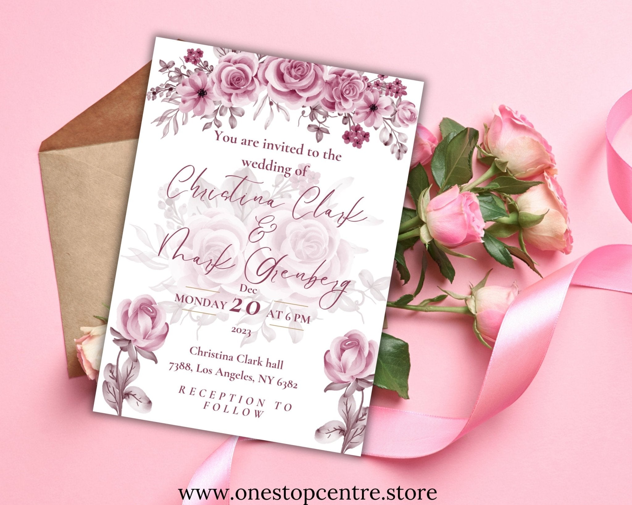 Romantic pink rose wedding invitation for digital use