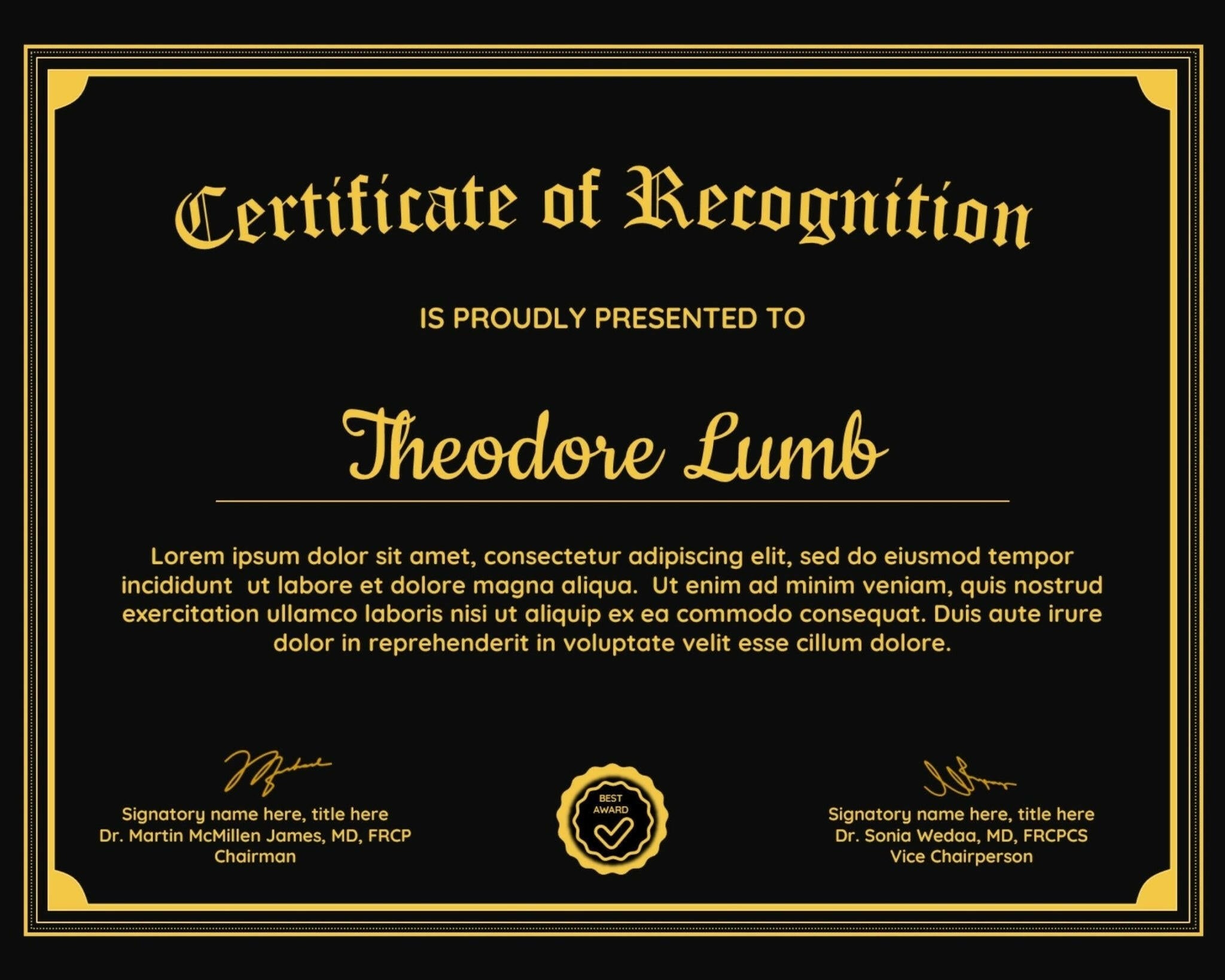 Customizable recognition certificate layout