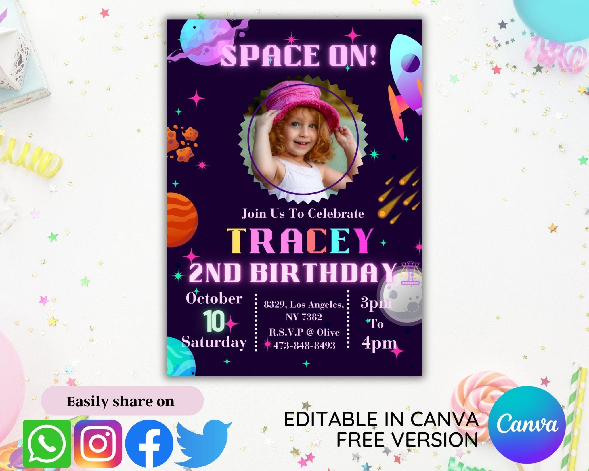 Glow galaxy party invitation for kids with customizable layout