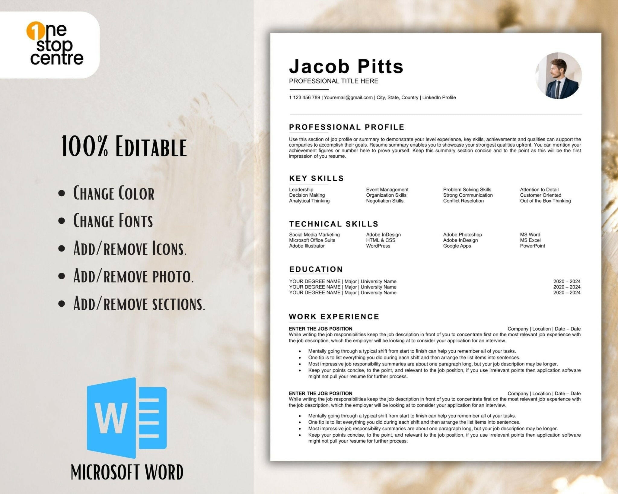 “Stylish resume template with editable icons and photo section”