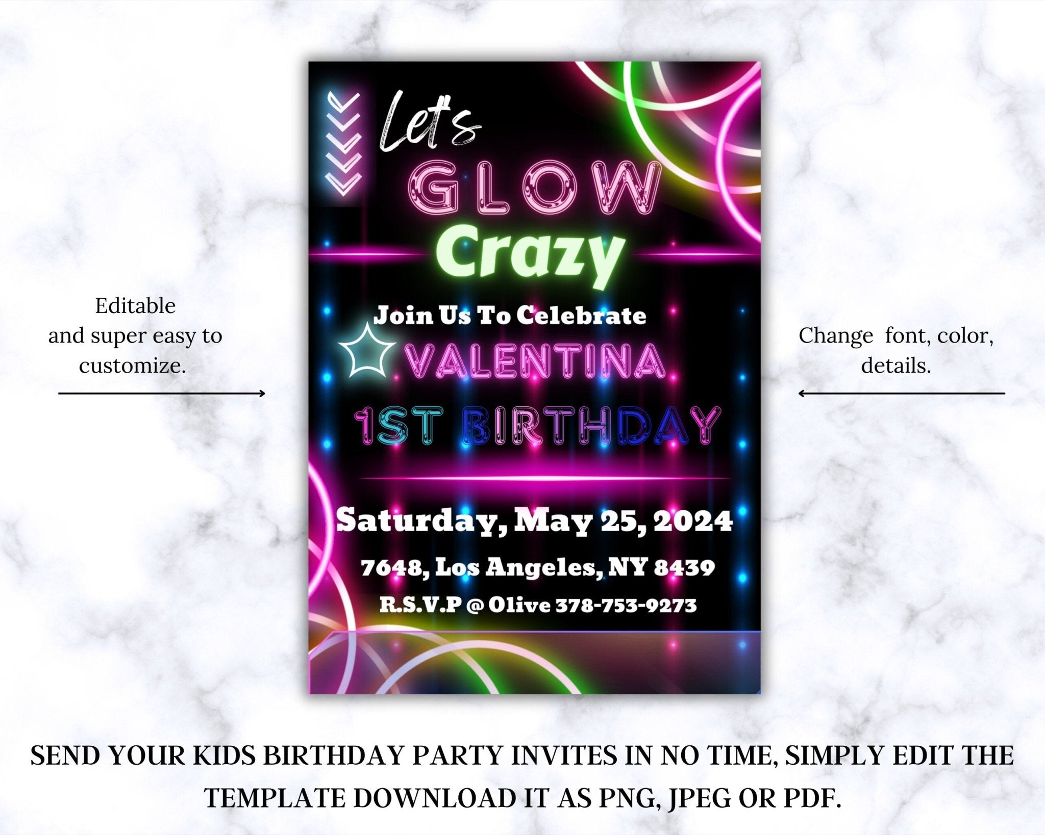 Canva editable kids invitation for colorful neon party