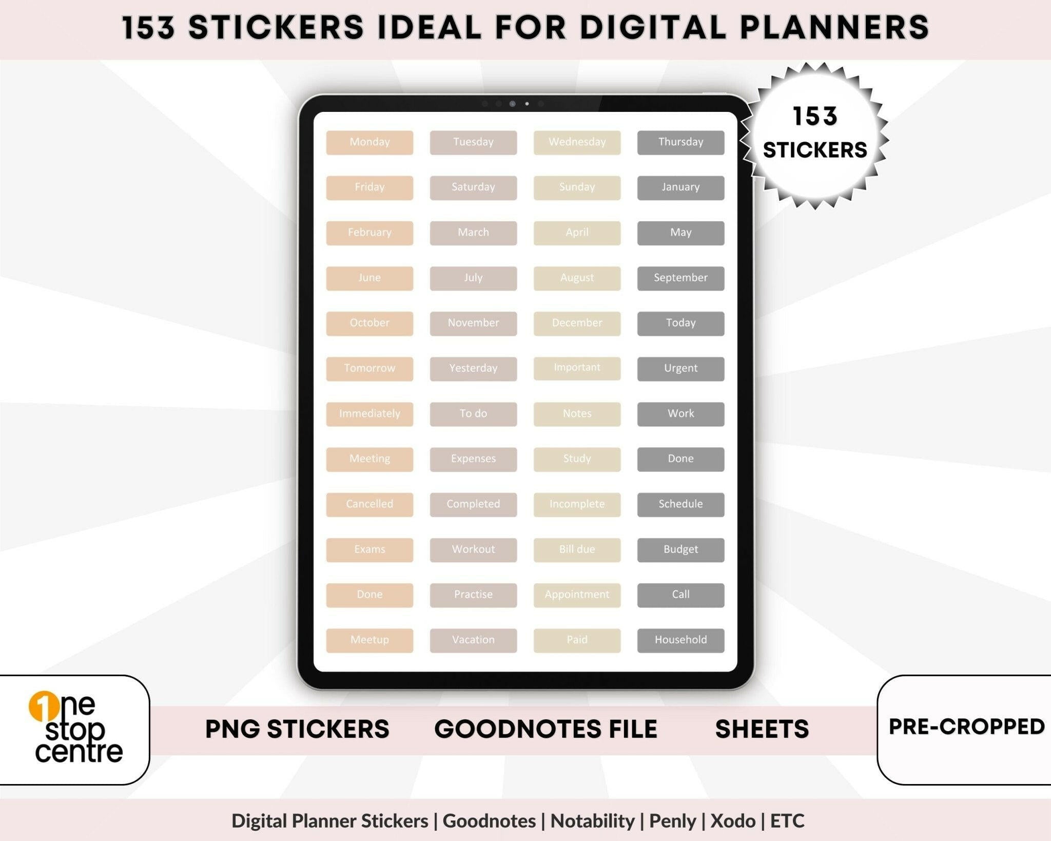 Digital planner stickers Close-up of icons, labels, and washi in boho palette