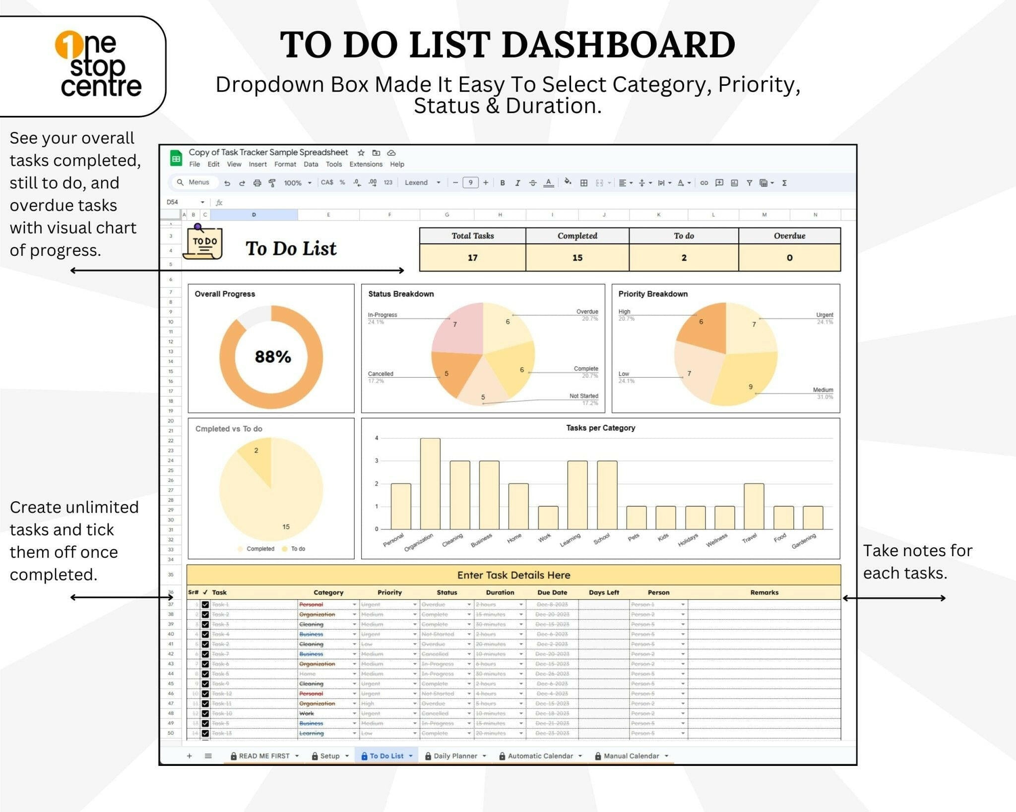 Calendar-integrated planner Google Sheets view