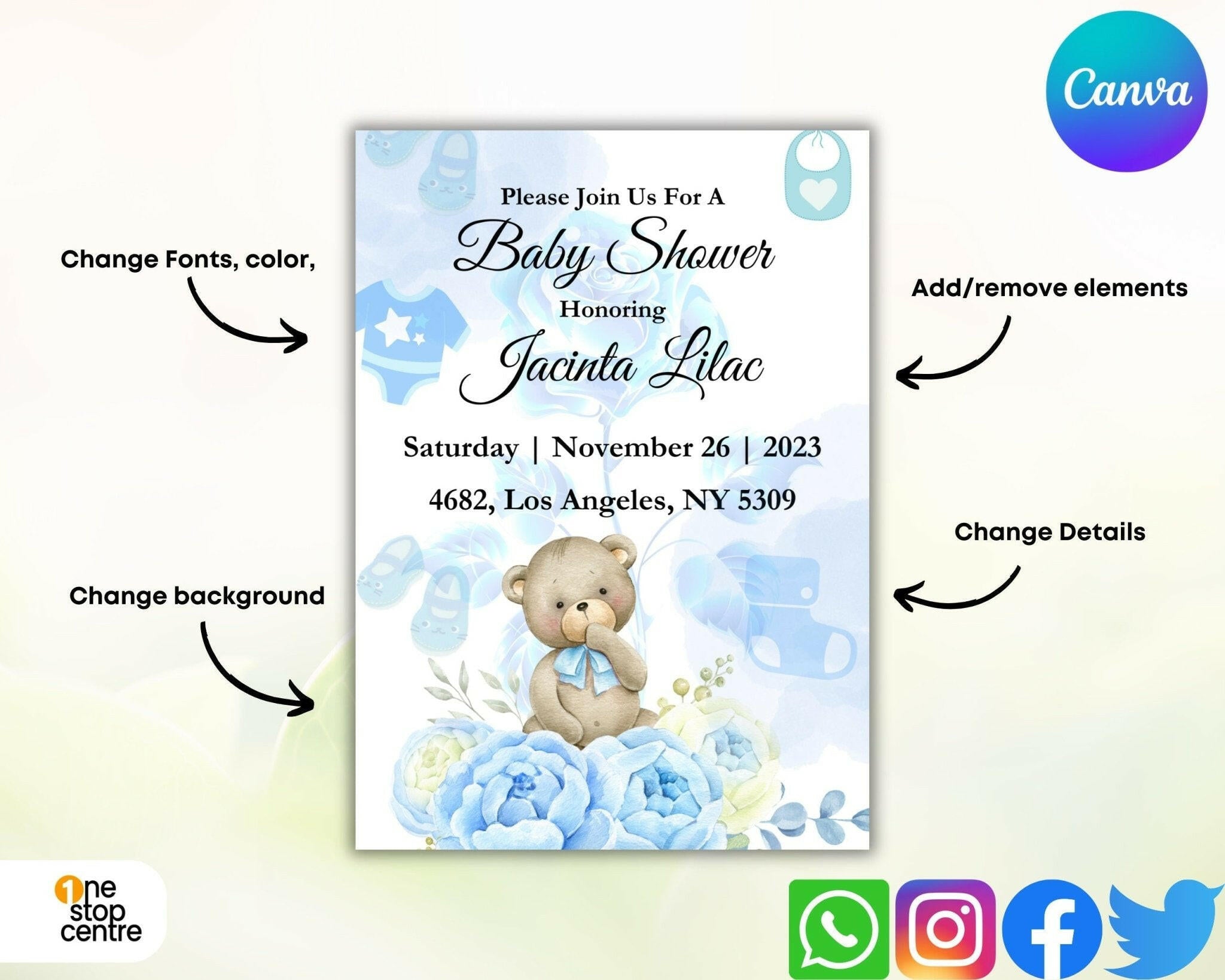 Floral teddy bear Canva baby invite template