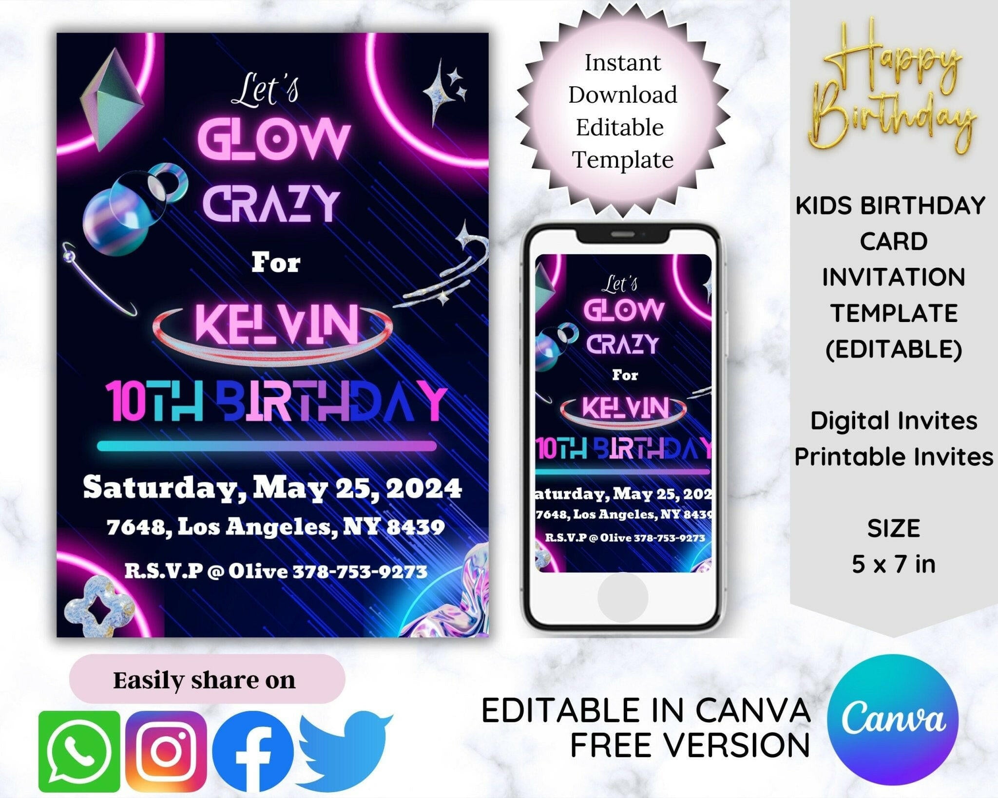 Glow space-themed editable birthday invitation in Canva