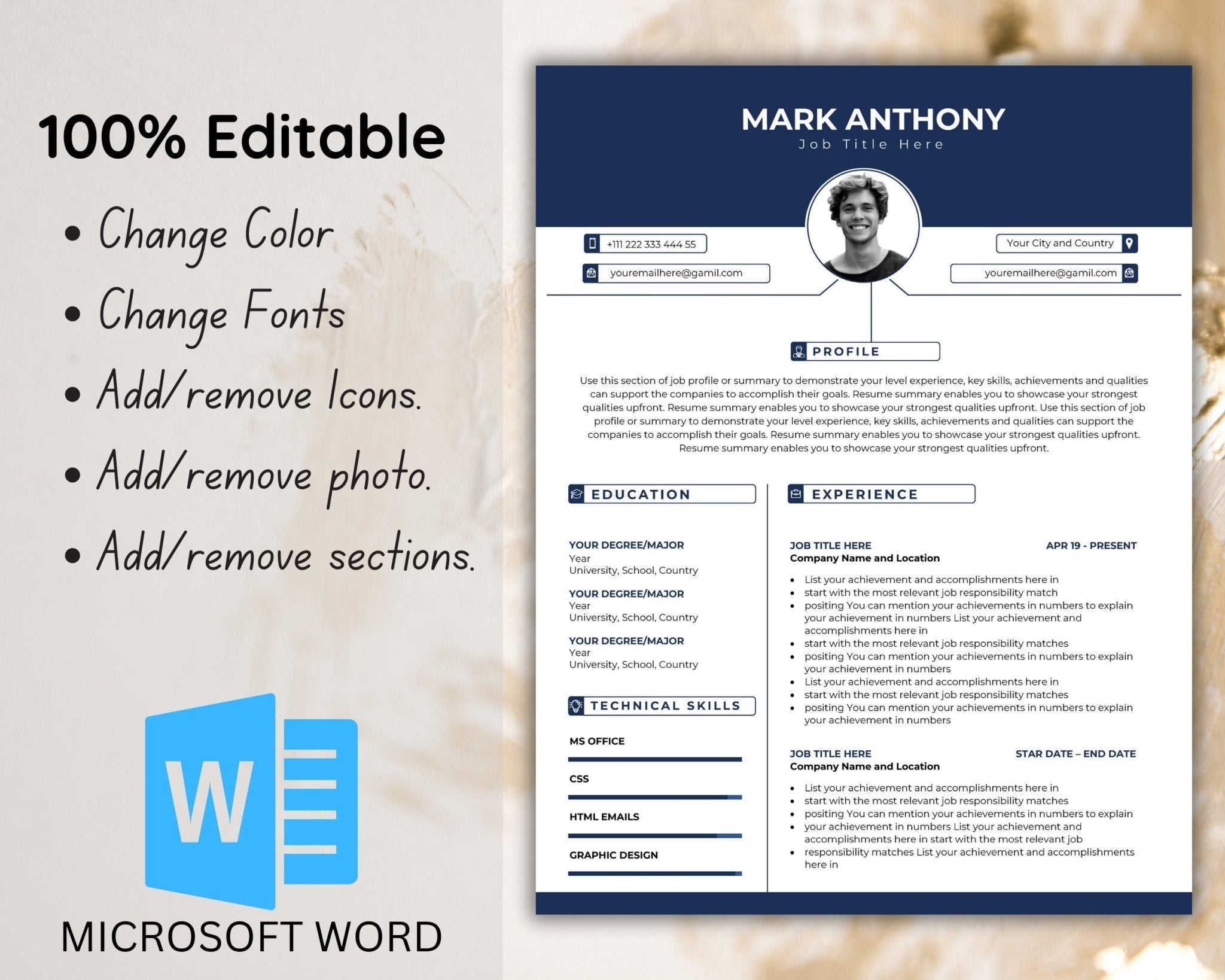 A4 and US Letter sized resume template with picture