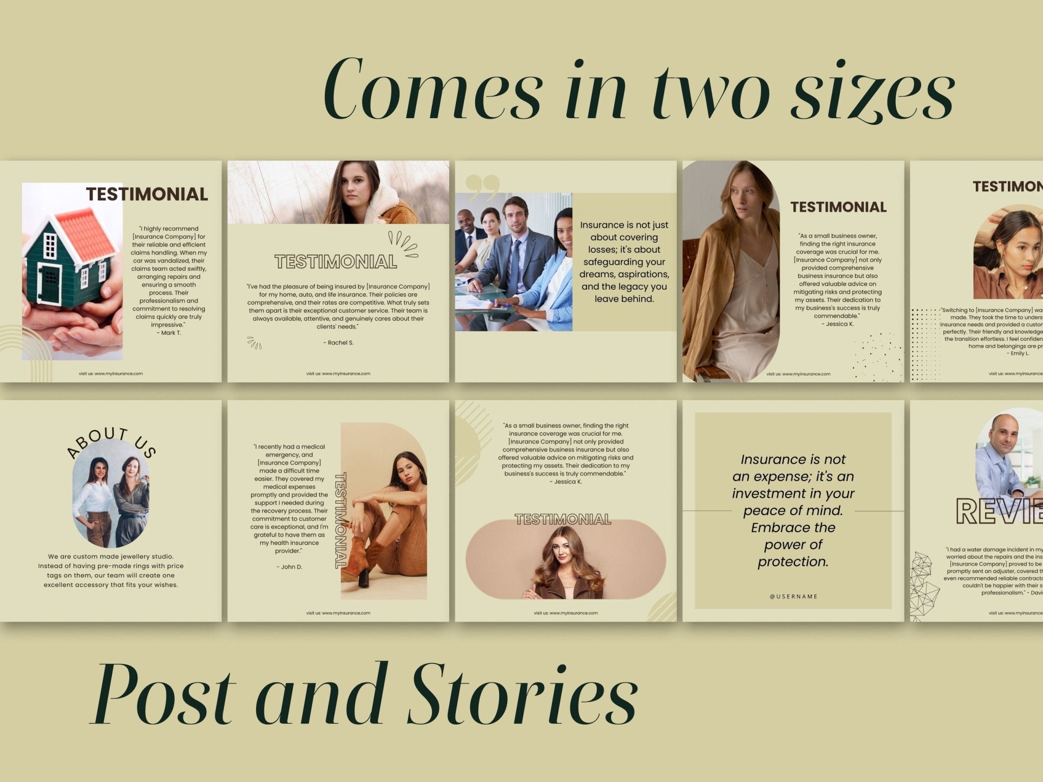 Editable Canva templates for health and home insurance, comes in two sizes 1080x1080 and 1080x1920