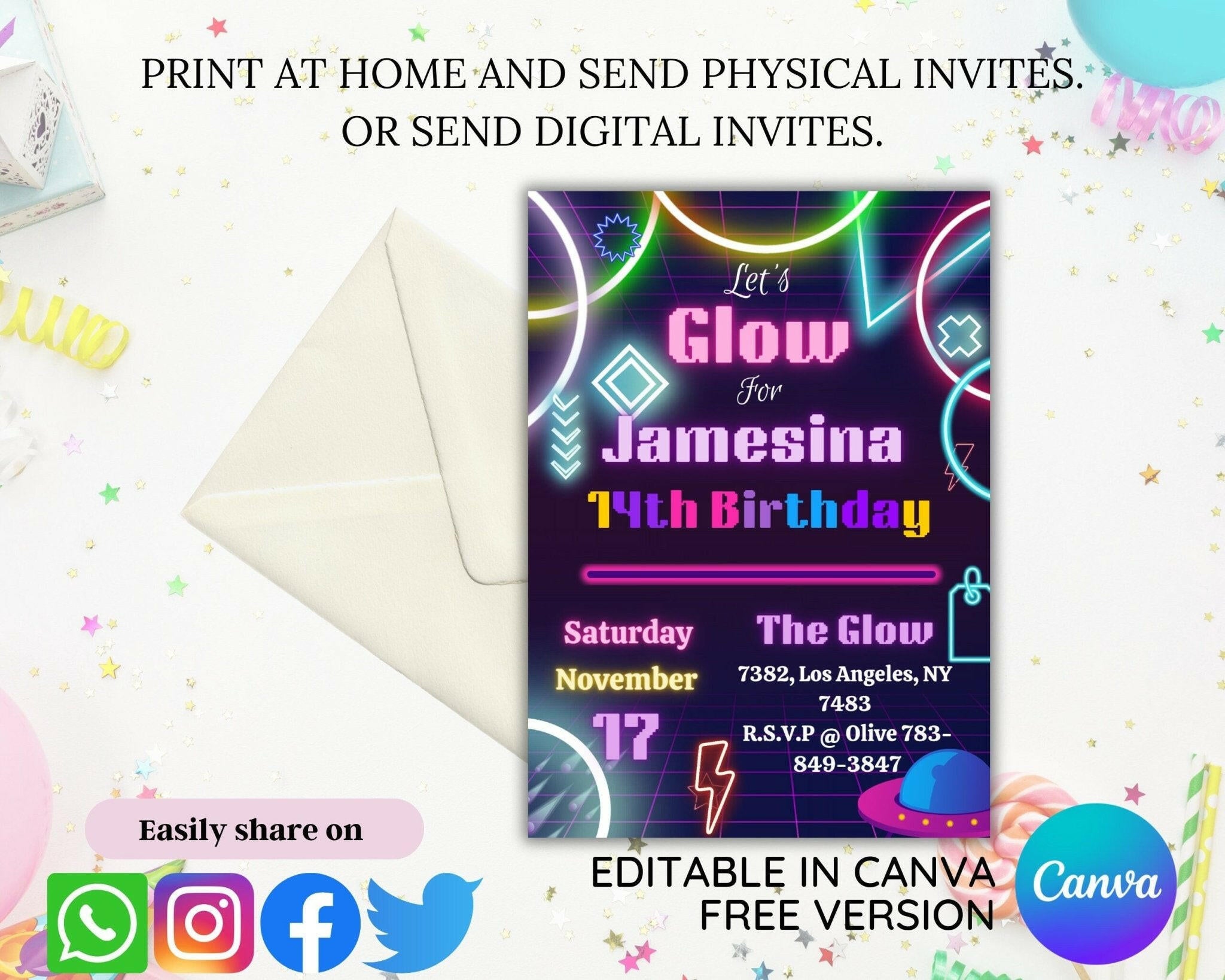 Editable neon party design in Canva Free