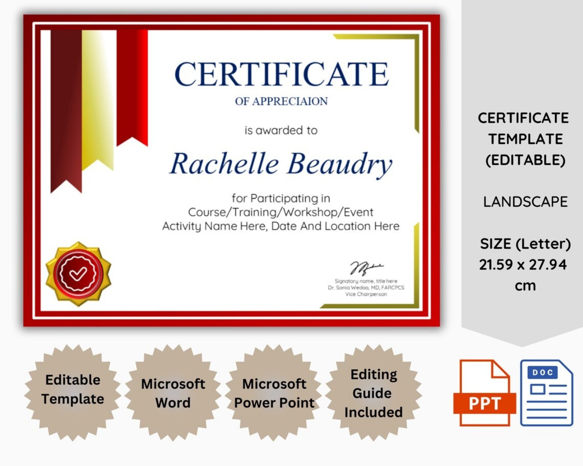 Editable Award Certificate Template – Red Gold Theme