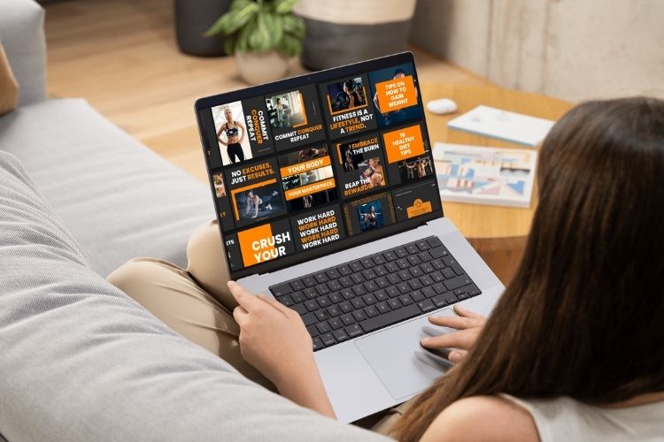 Woman using a laptop displaying editable Canva social media templates for business marketing and branding