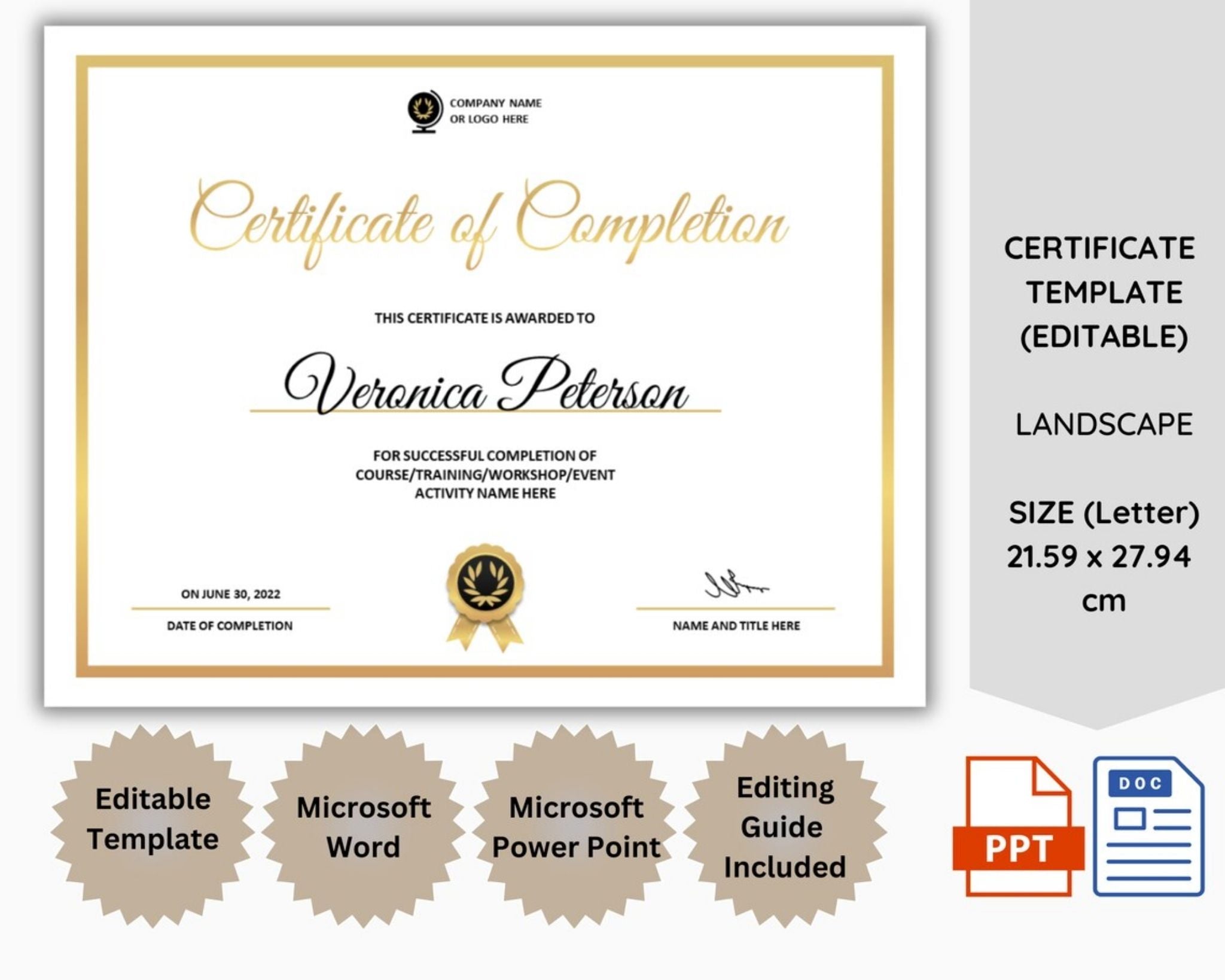 Certificate of Completion template with editable features for Word & PowerPoint