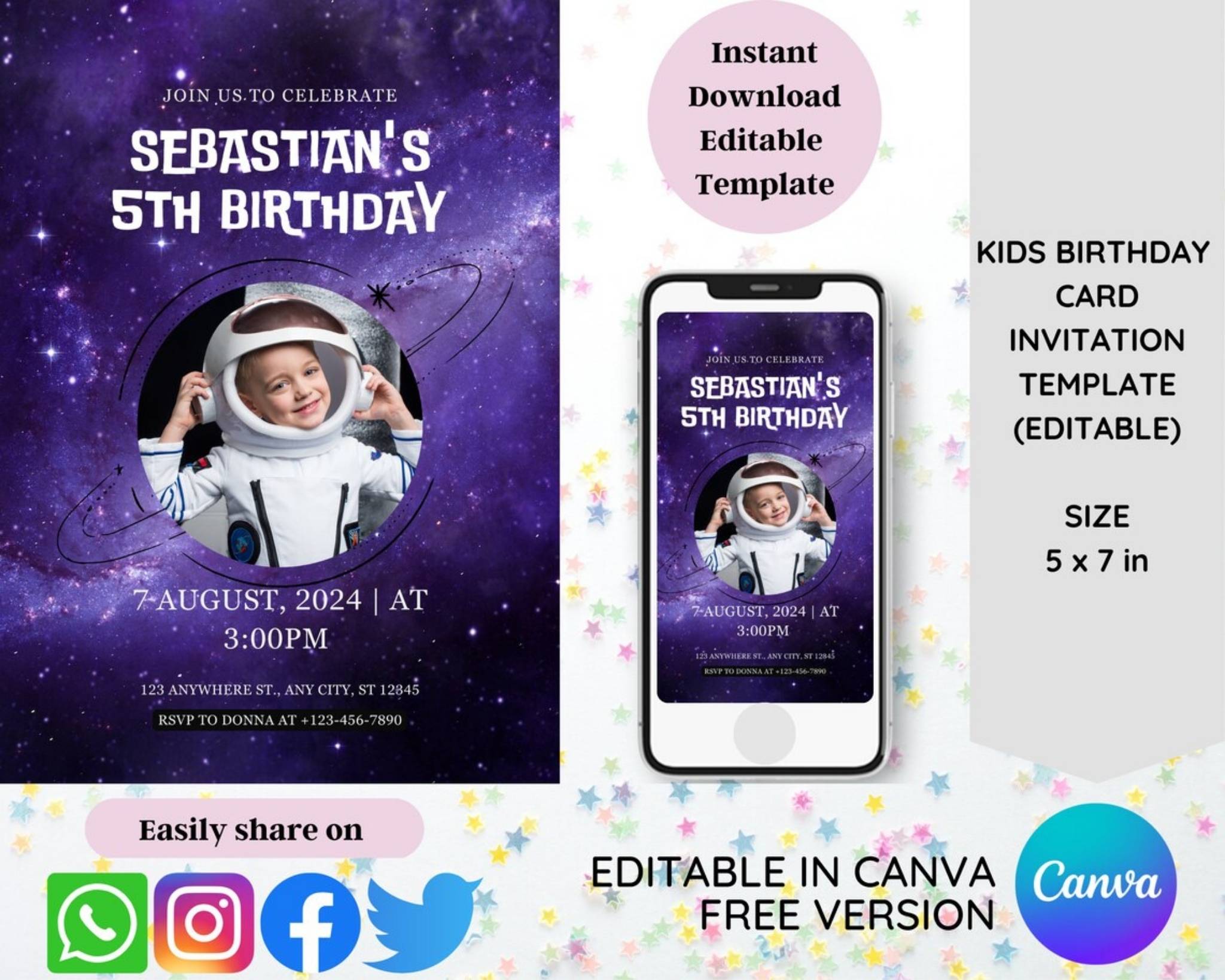 Editable kids birthday party invitation template Space-themed birthday invitation card