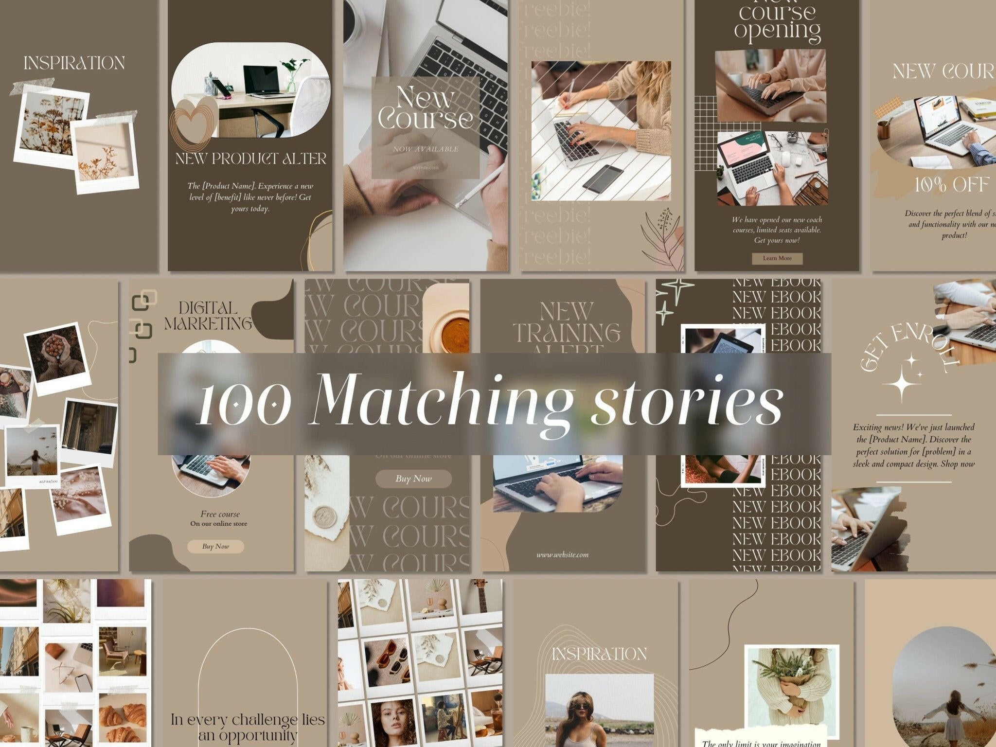 200 Course Training Instagram Templates – Aesthetic Brown Canva Posts & Stories for Facebook & Instagram