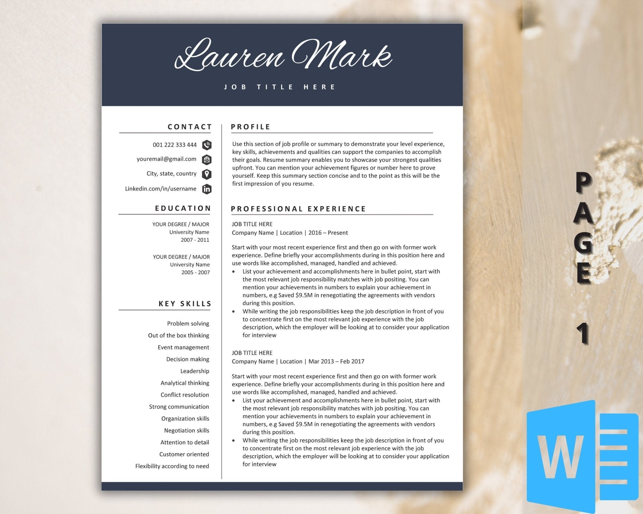 1 Page Minimalist resume template with cover letter for Word