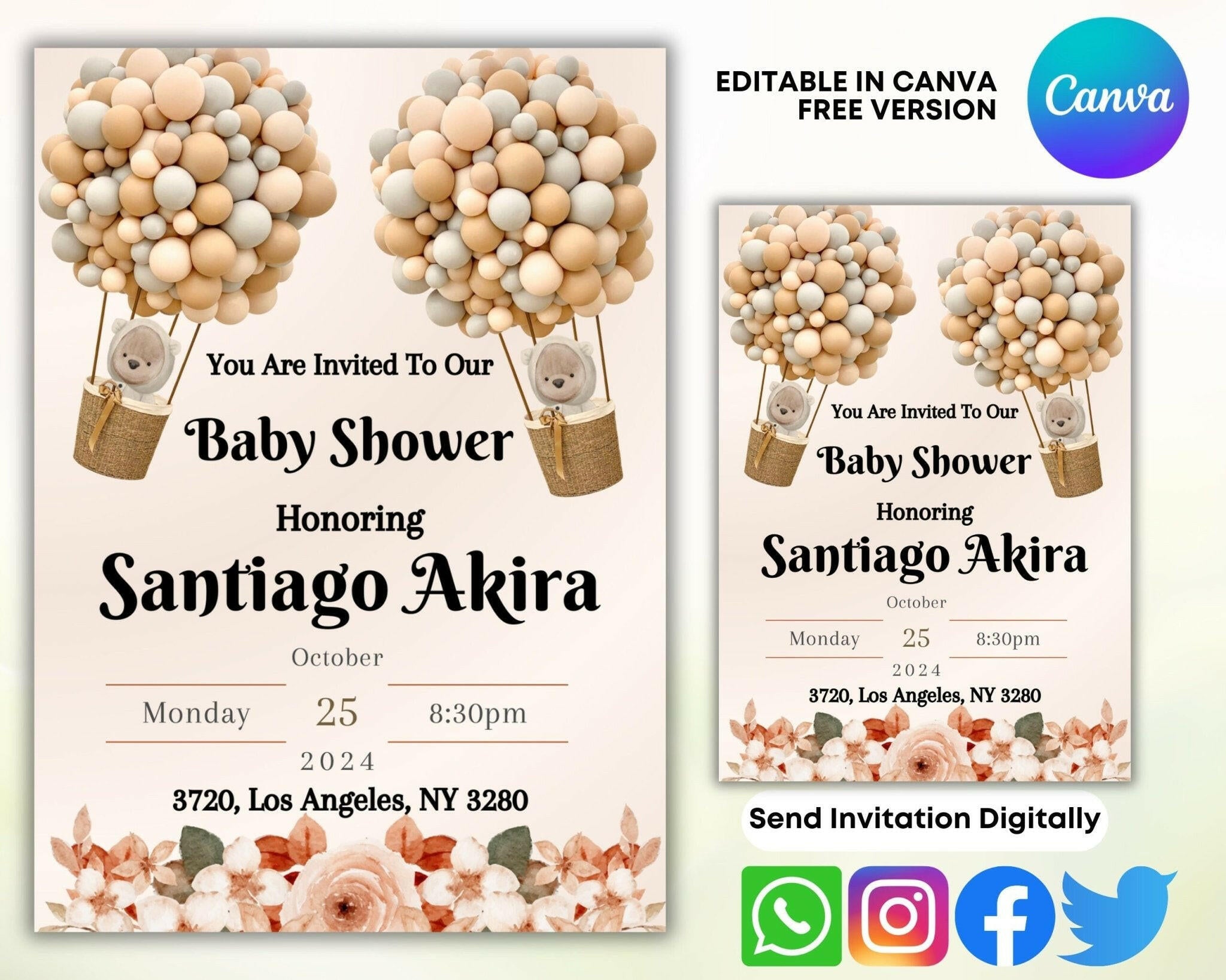 Editable 5x7 baby shower Canva card