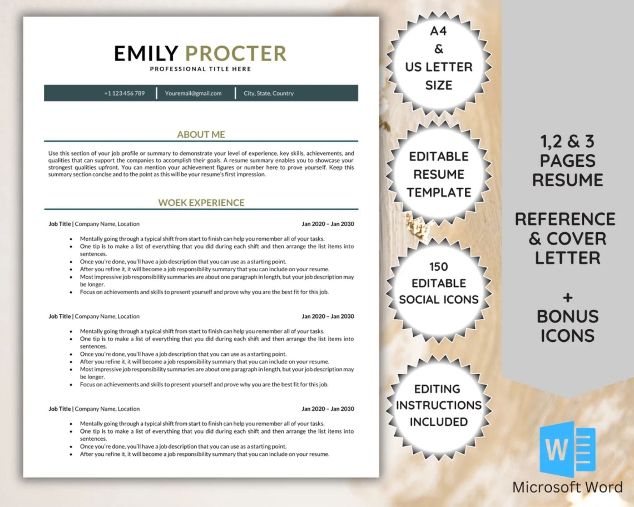 Elegant minimalist CV resume template with cover letter and reference pages