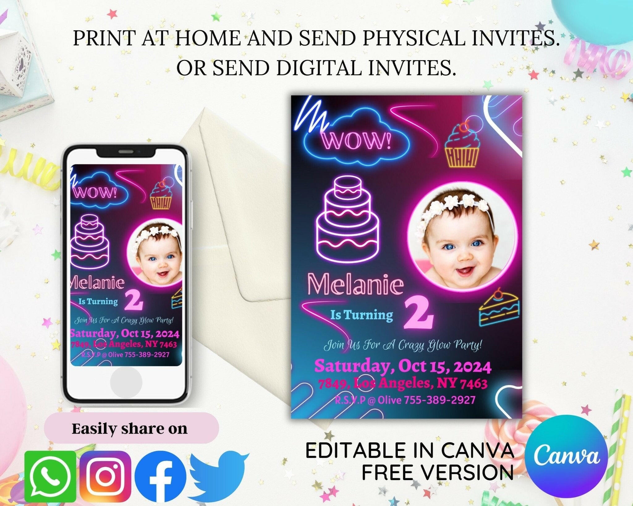 5x7 birthday party Canva template with photo upload