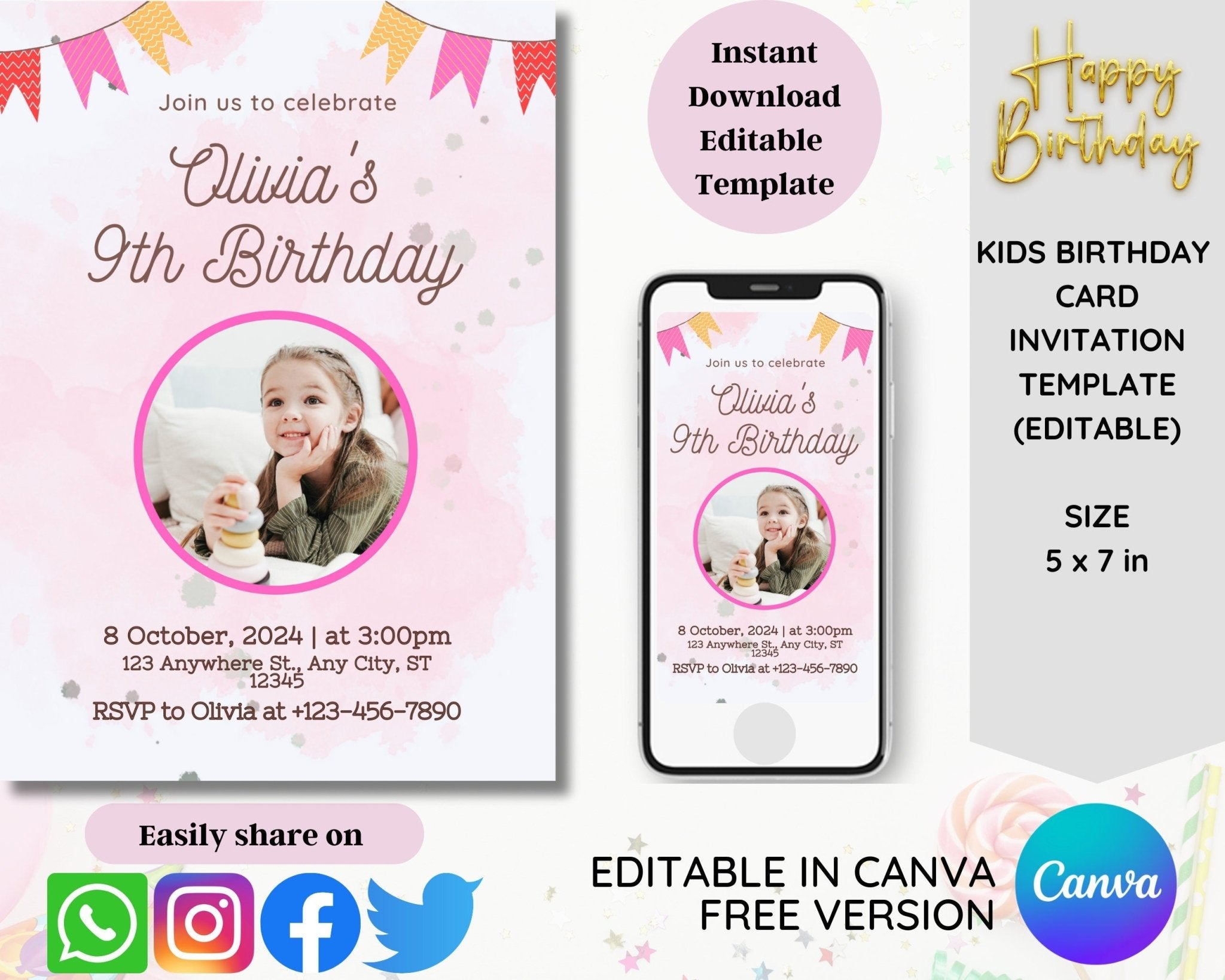Editable girls birthday invitation template with pink watercolor background