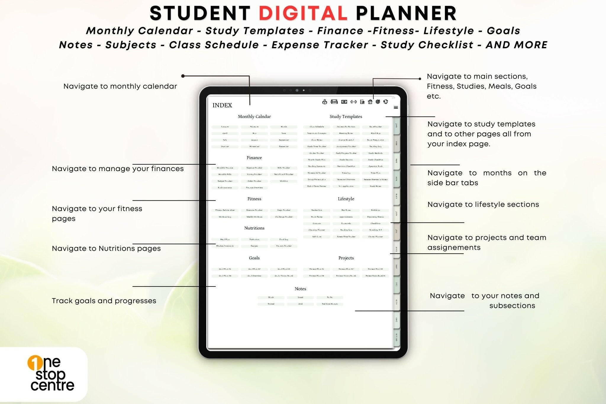 Navigation index page instruction Goodnotes student planner