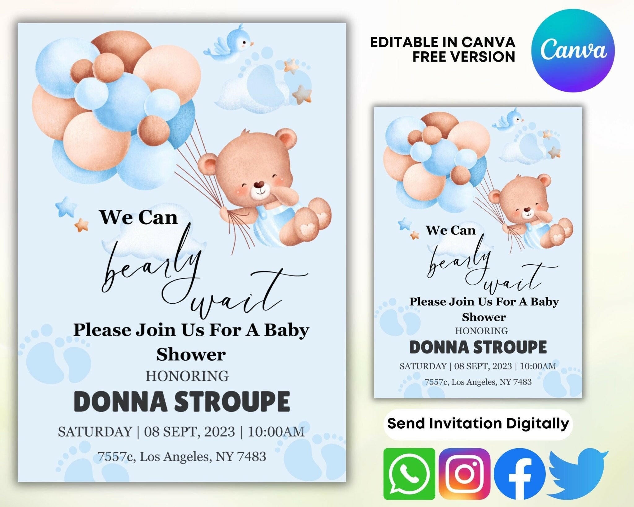 5x7 inch Canva baby shower template with cute bear design