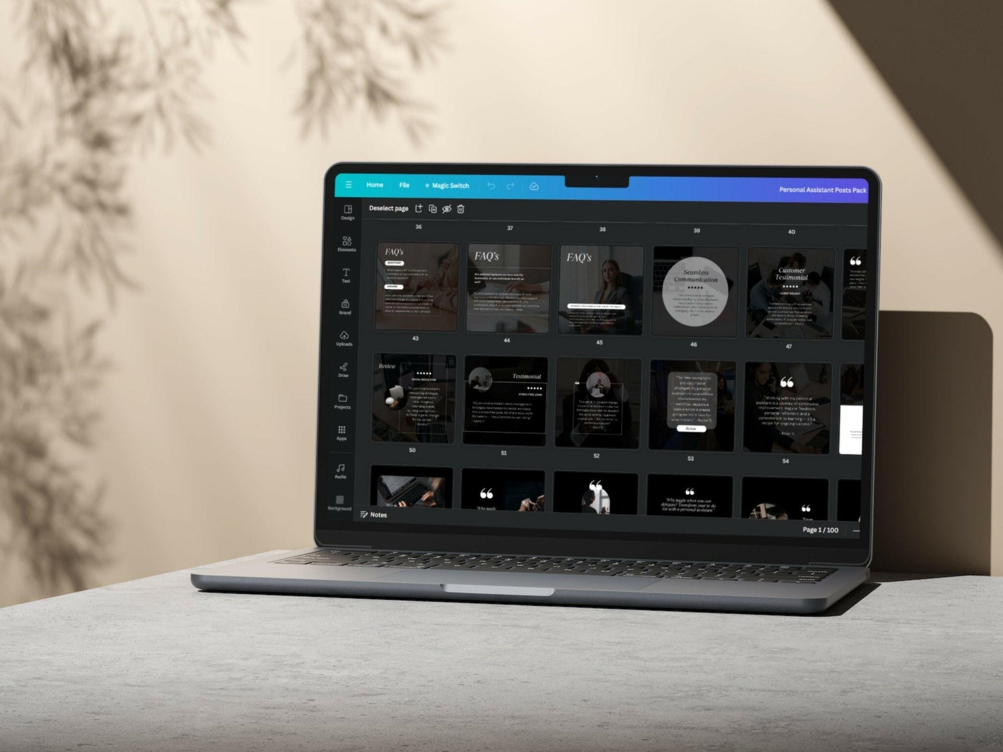 Laptop on a surface with a Cohesive Instagram grid using dark theme VA template bundle