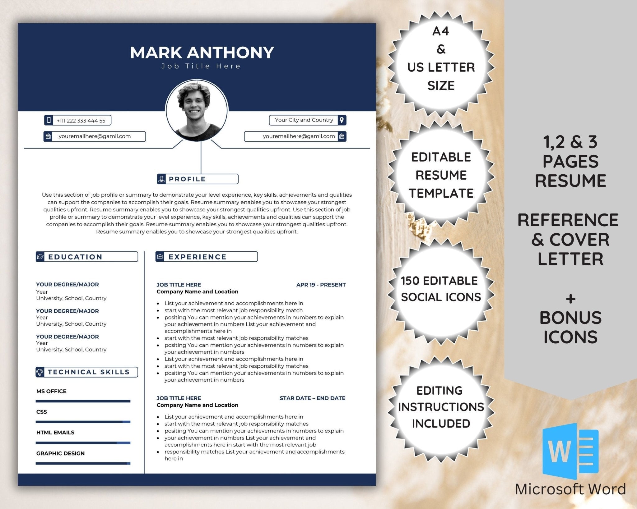 Professional resume template with photo placeholder in Word format