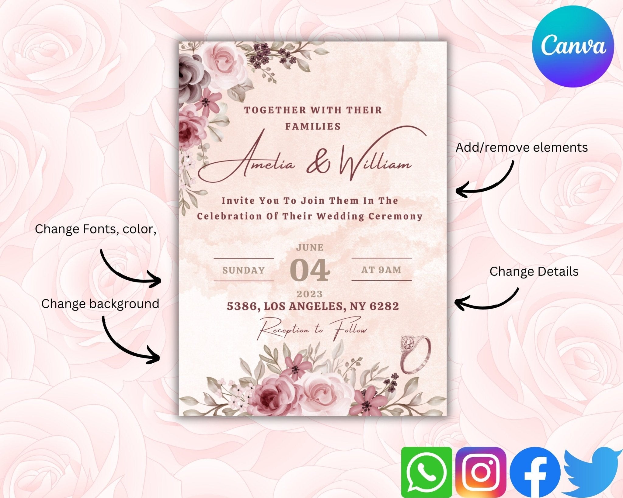 Printable wedding invitation card with watercolor flowers