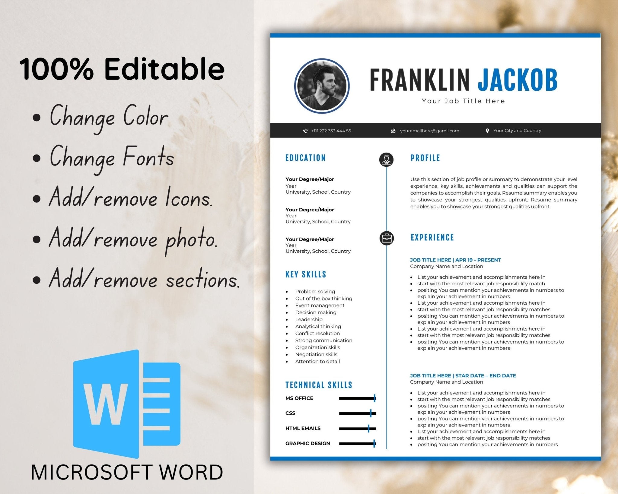 Resume photo placement section with icon links