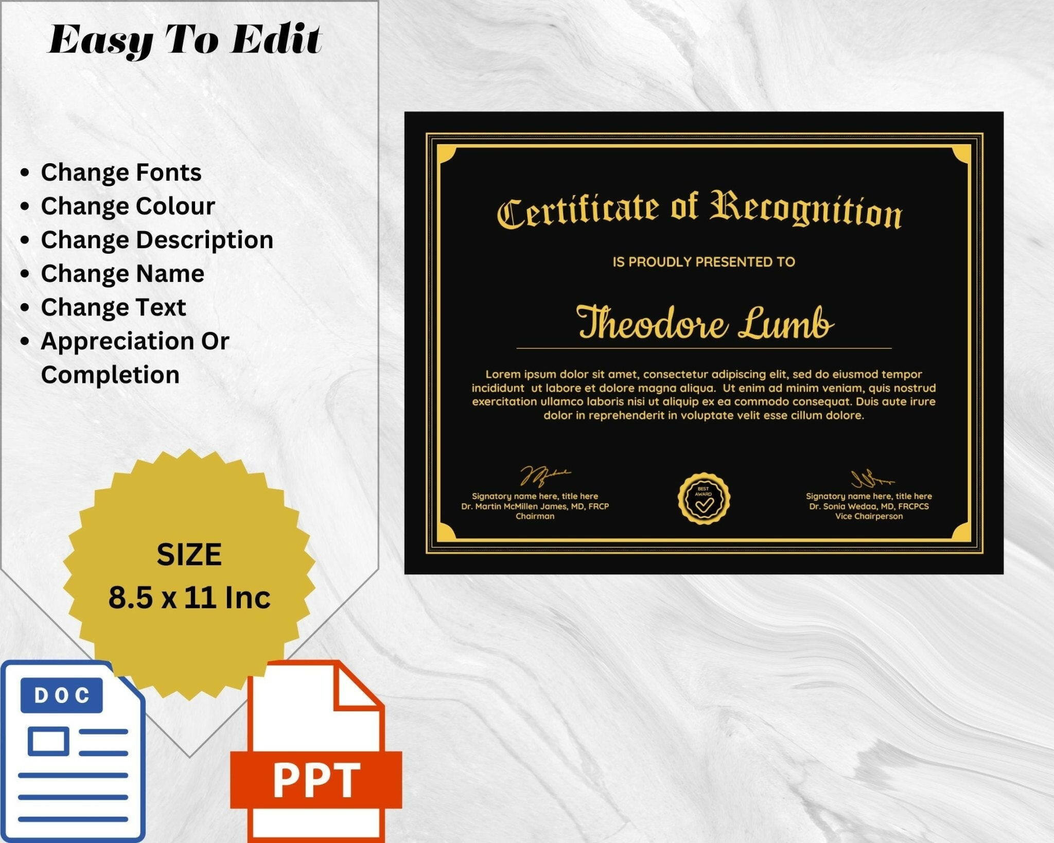 Certificate of Recognition template with customizable options on a white background