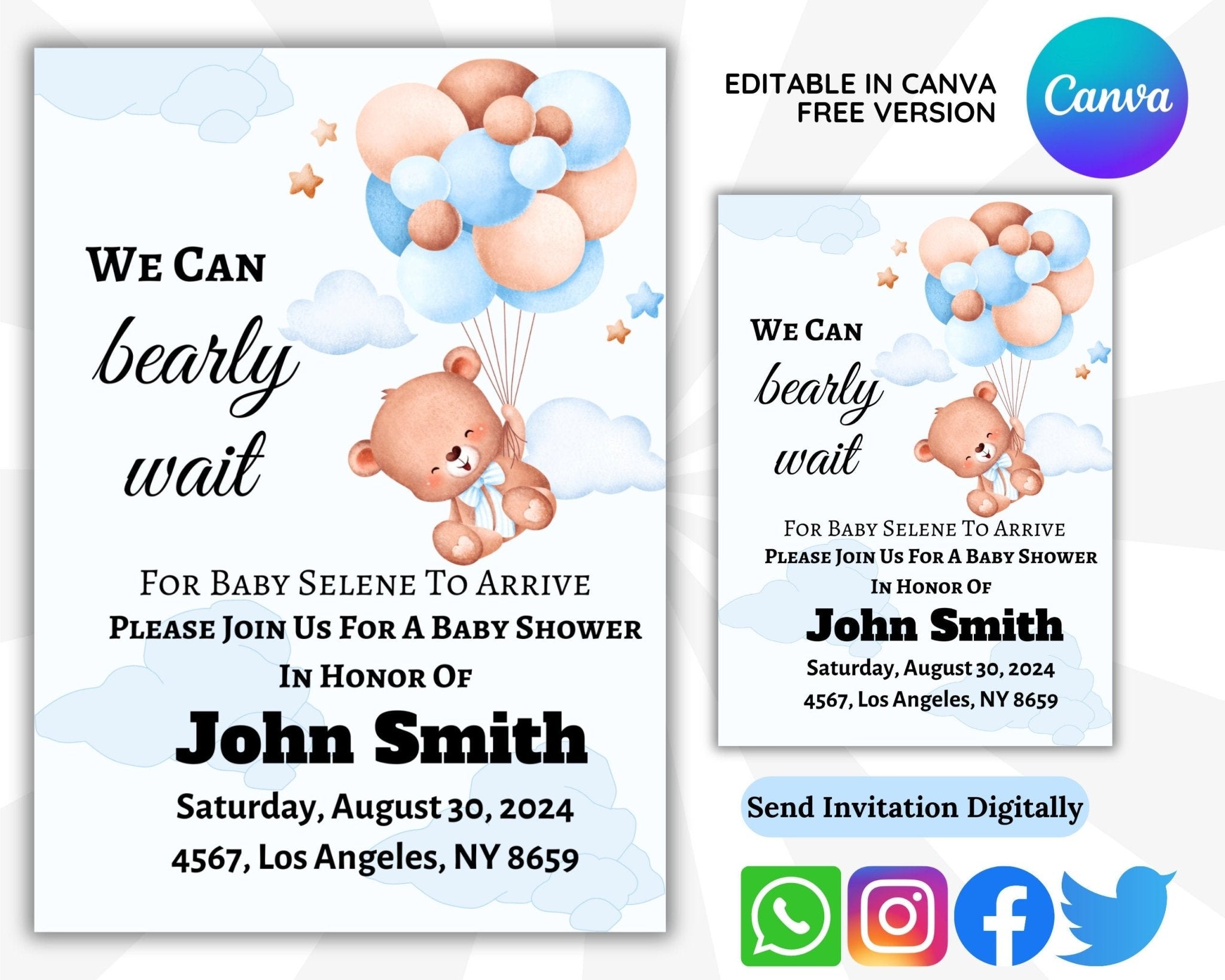 Editable blue bear baby shower invite