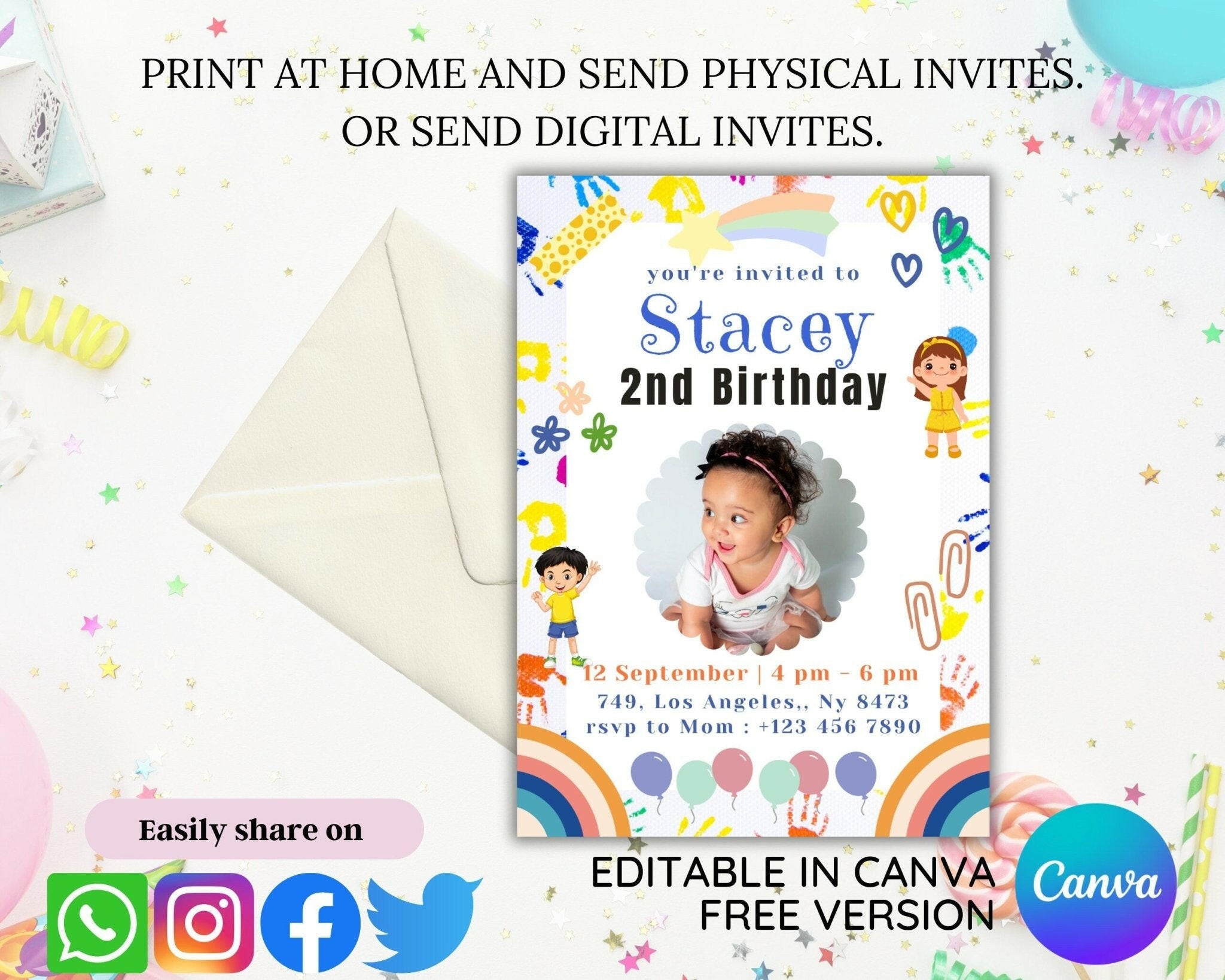 Printable 5x7 photo birthday invite in vibrant theme