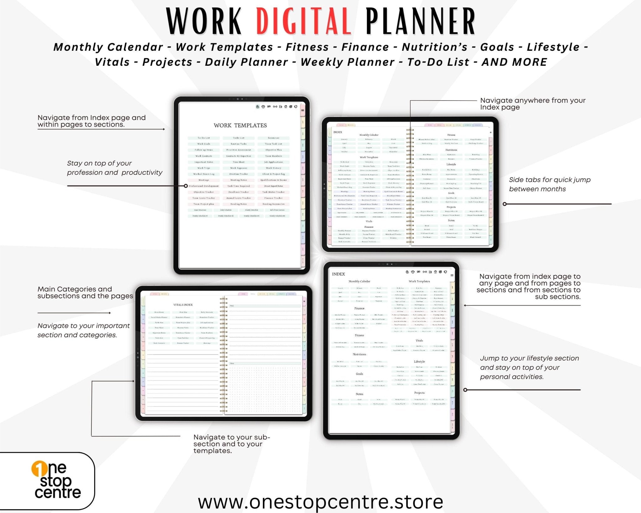 Navigation guide and instructions on both vertical and horizontal work digital planner