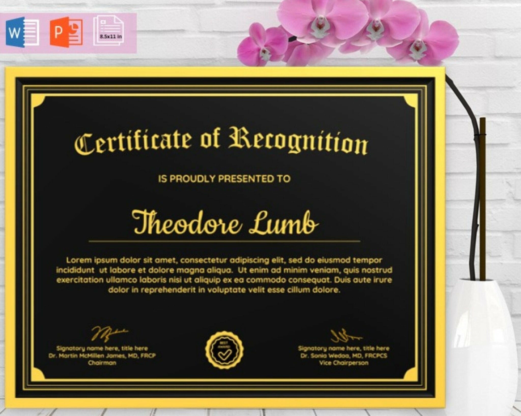 Certificate of Recognition template with decorative elements on a light wooden background