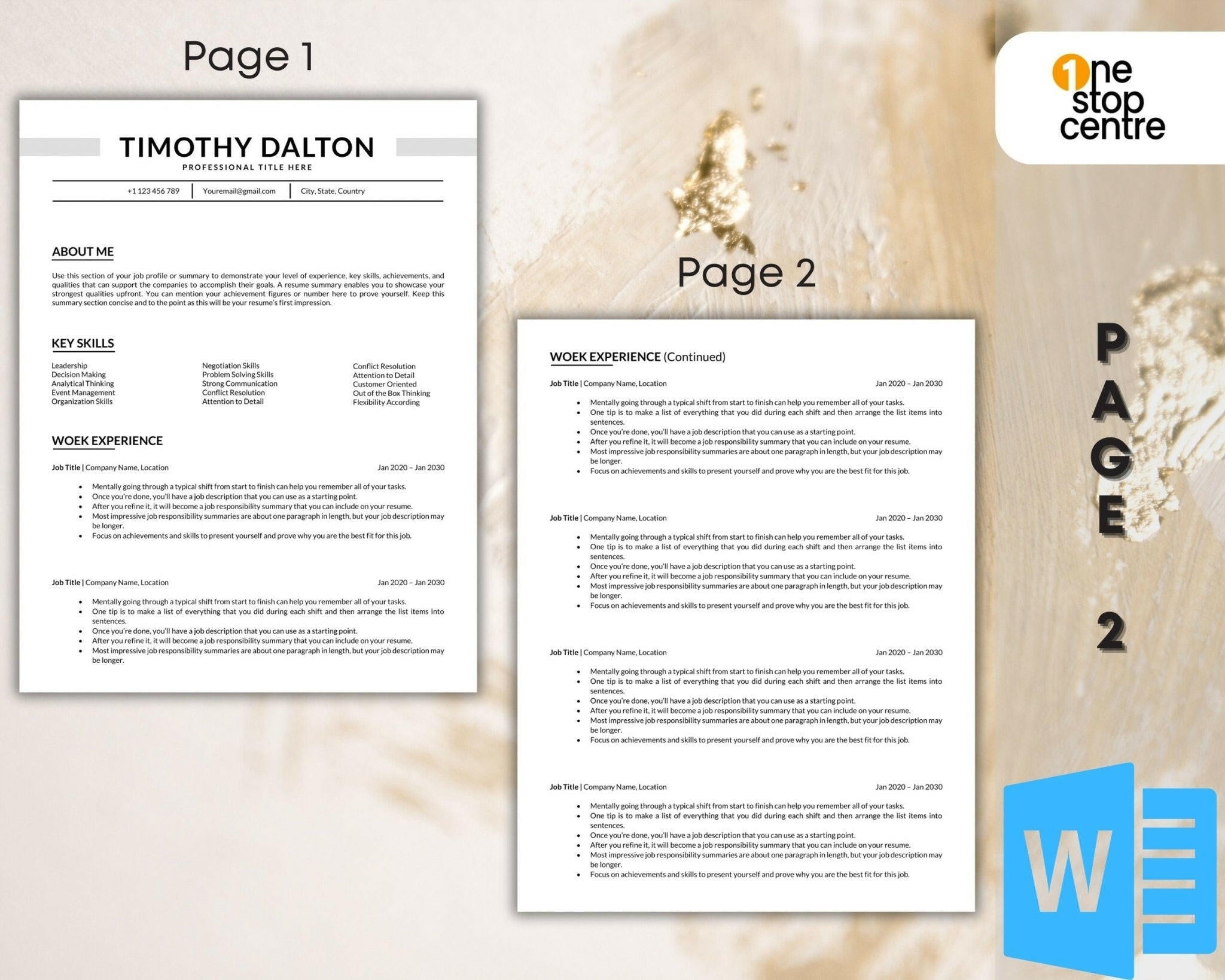 Modern 2-page resume design editable in Word