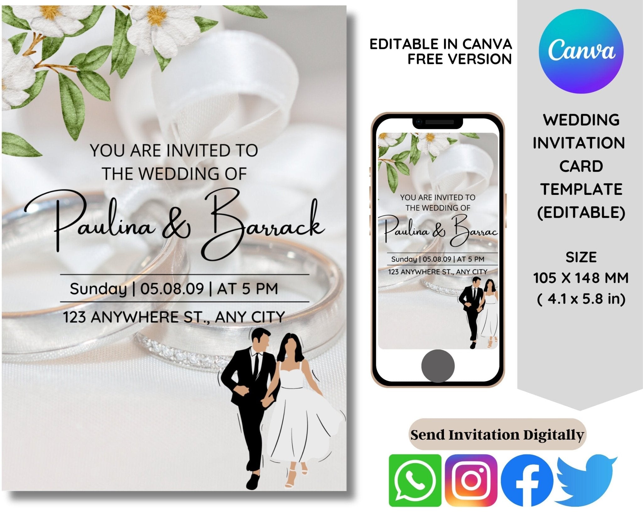 Editable Canva wedding invitation template 4.1x5.8 inches