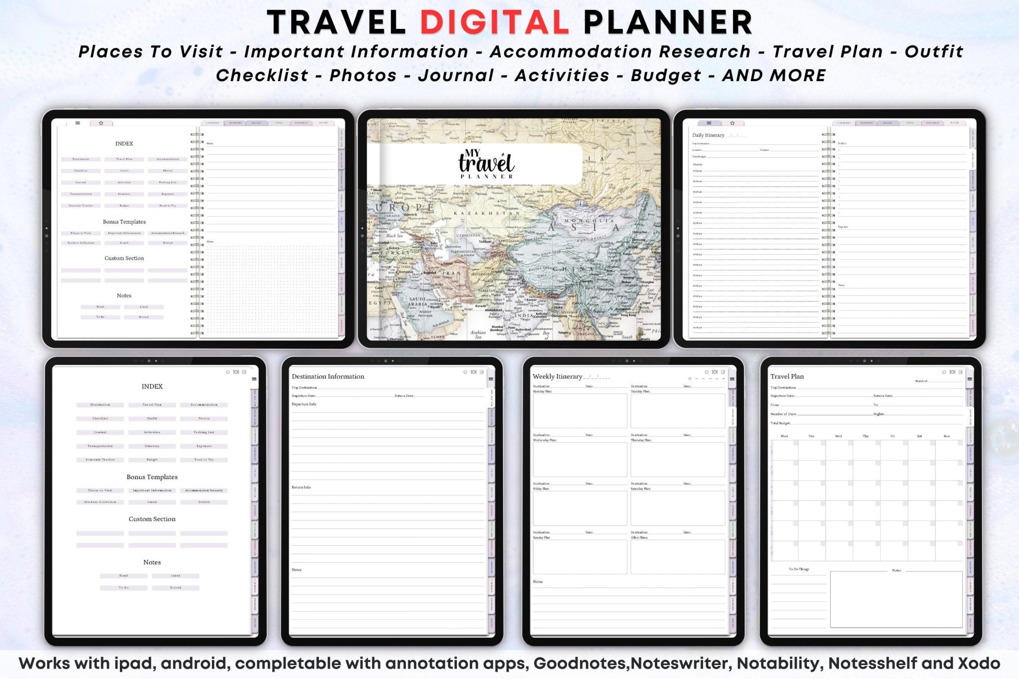 Digital travel journal template for GoodNotes on iPad