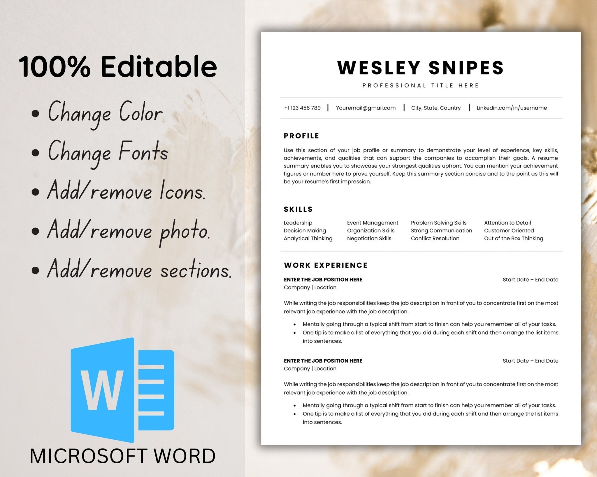 Customizable resume and reference layout in A4 and US Letter sizes