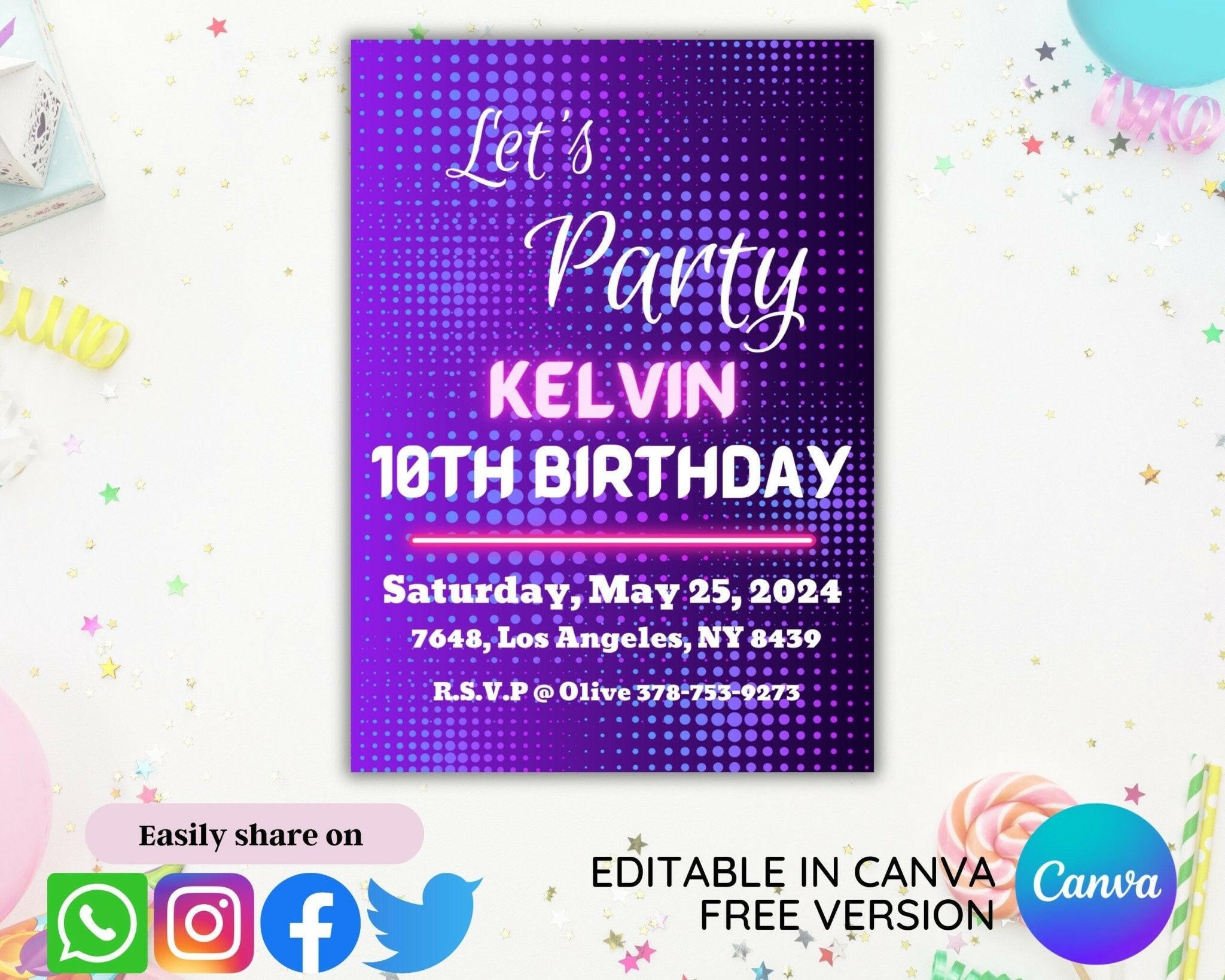 Editable Canva kids party invite with neon design