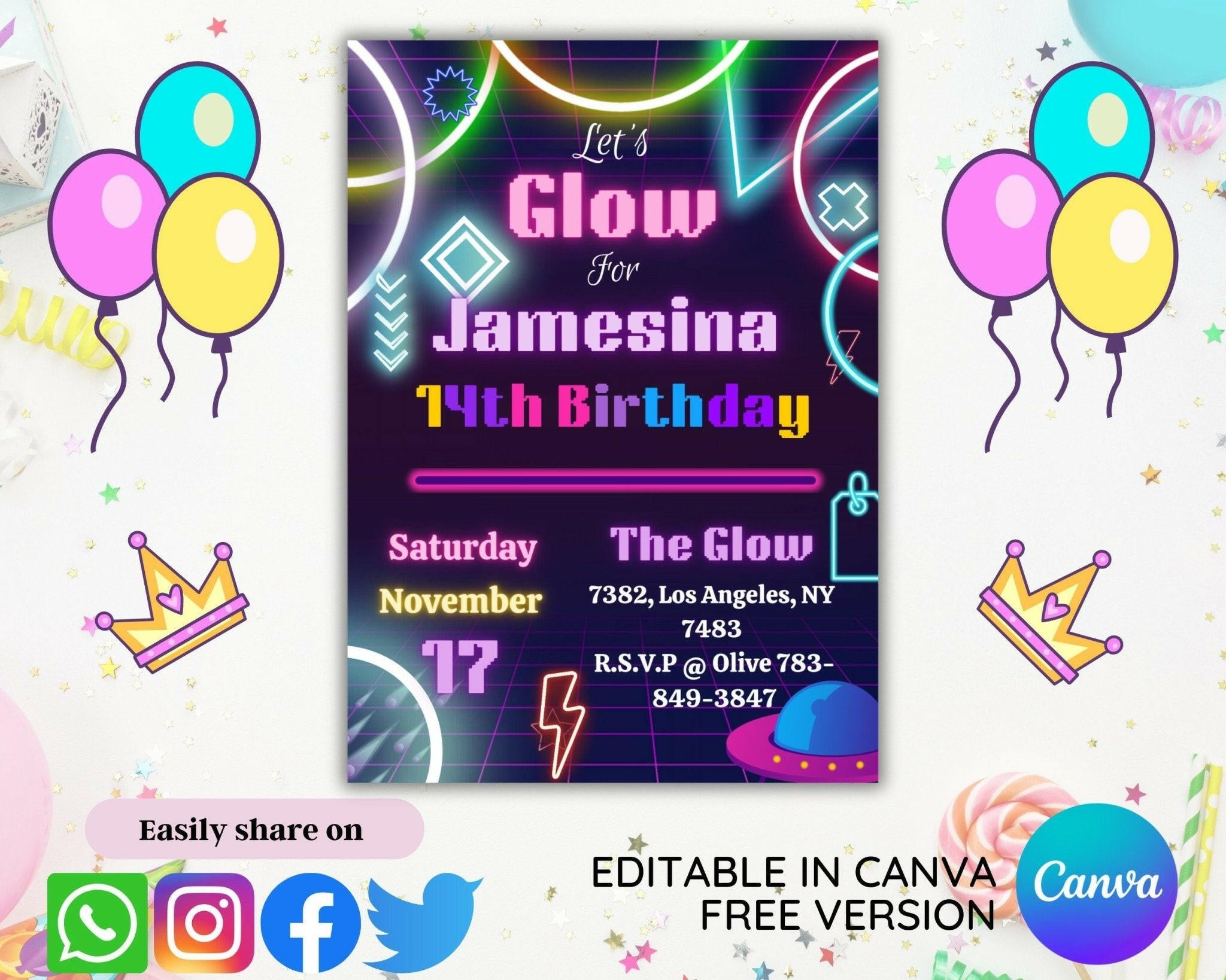 5x7 kids birthday party invite with glowing lights