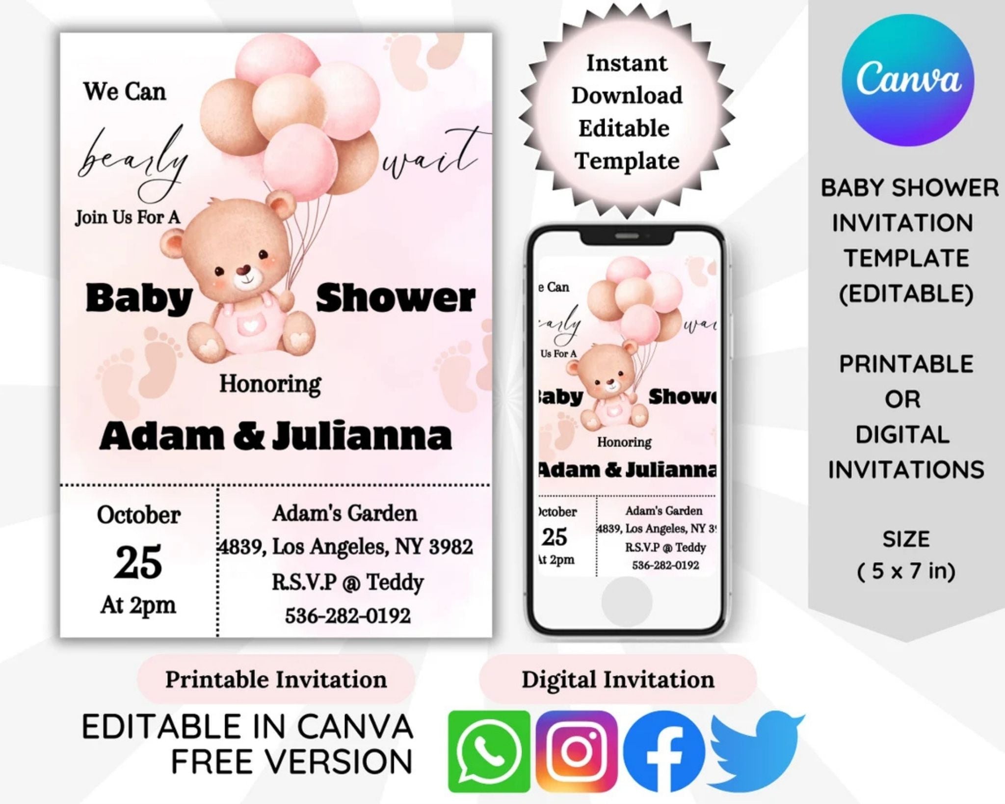 Pink teddy bear baby shower invitation template Canva 5x7