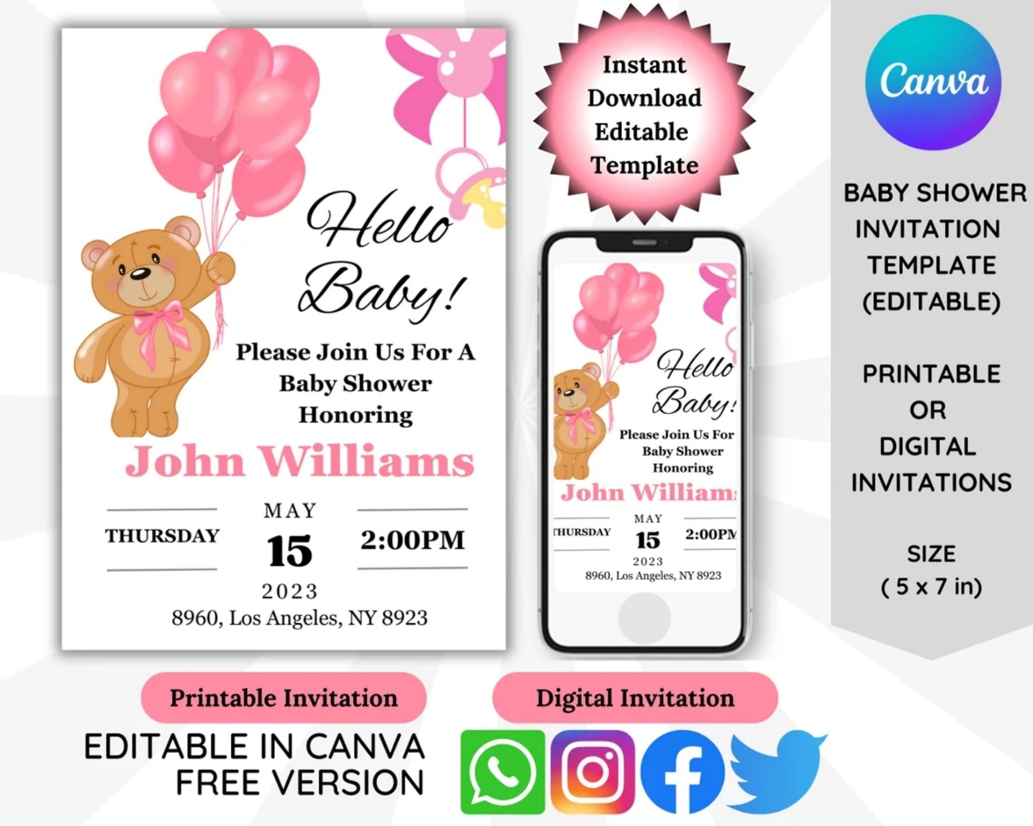 Hello baby pink teddy bear balloons baby shower invitation template with teddy bear and balloons Canva