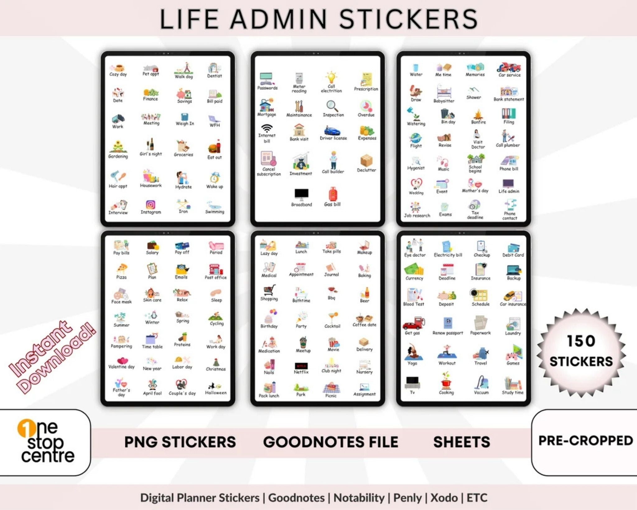 150 Life admin digital planner stickers for daily tasks and finances for iPad, goodnotes and digital planning