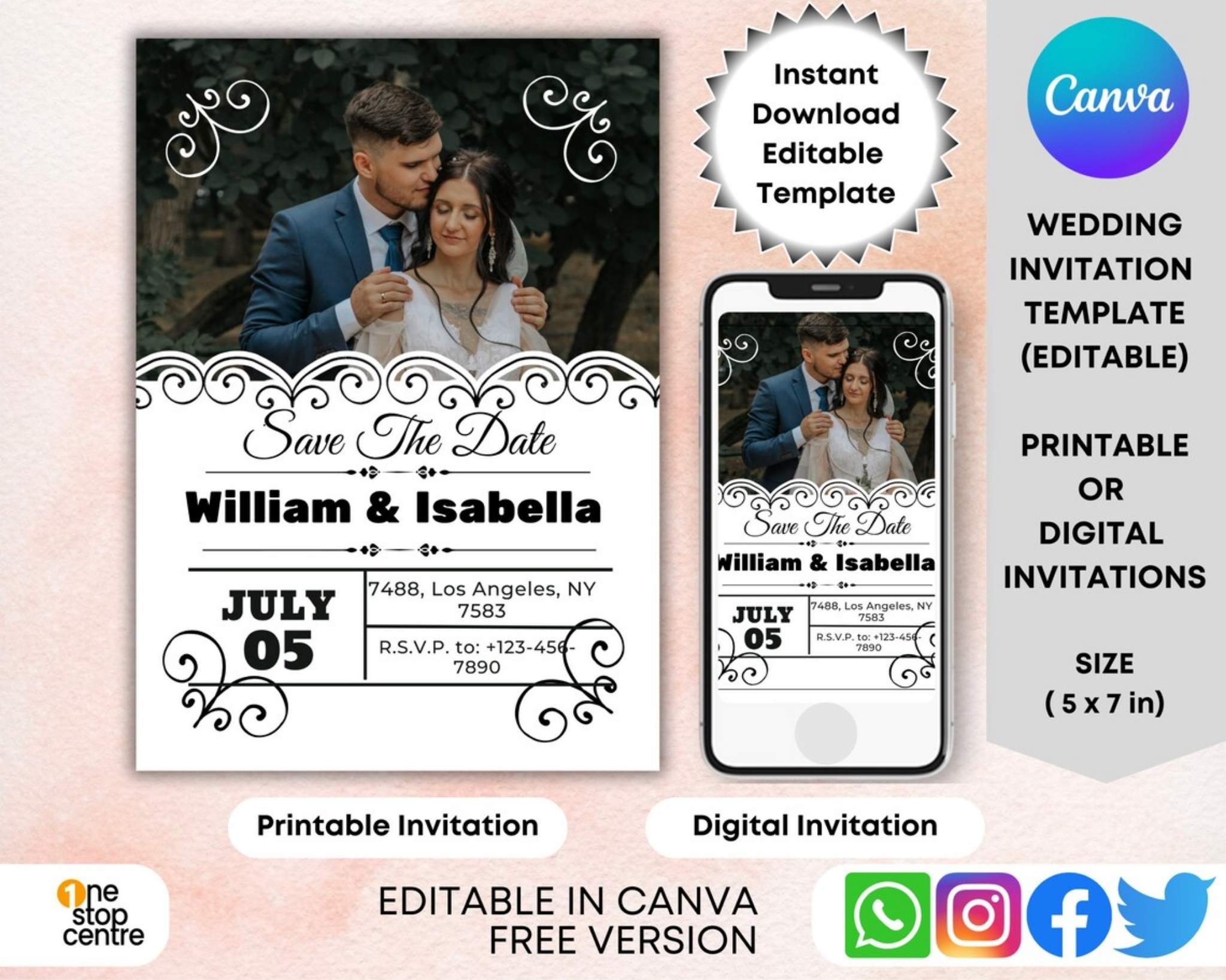 Minimalist photo wedding invitation template in Canva – 5x7 design