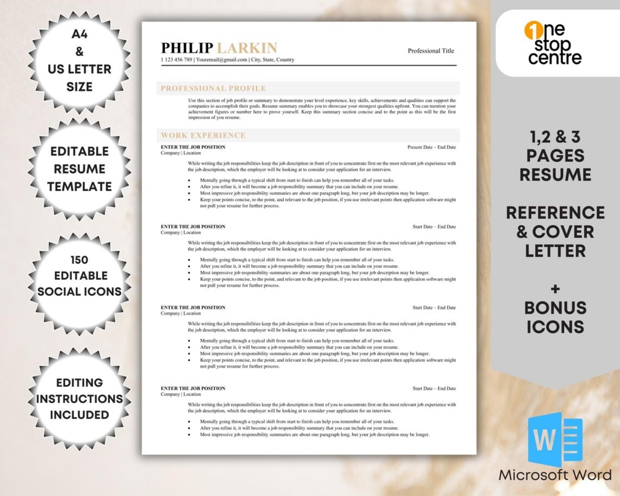 1-3 pages Minimalist resume template for Word with clean design ats friendly matching cover letter
